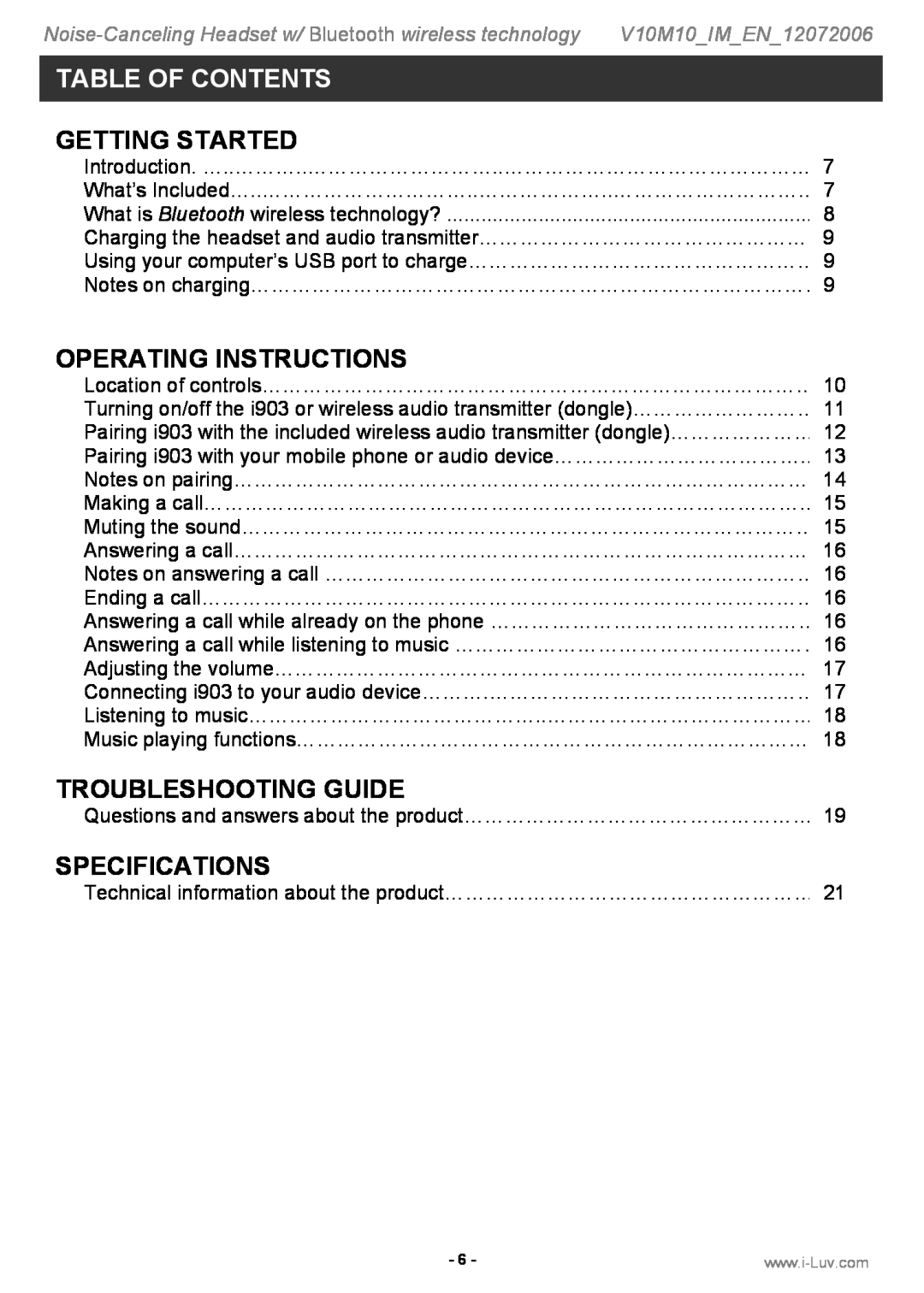 Jwin i903 Table Of Contents, Getting Started, Operating Instructions, Troubleshooting Guide, Specifications 