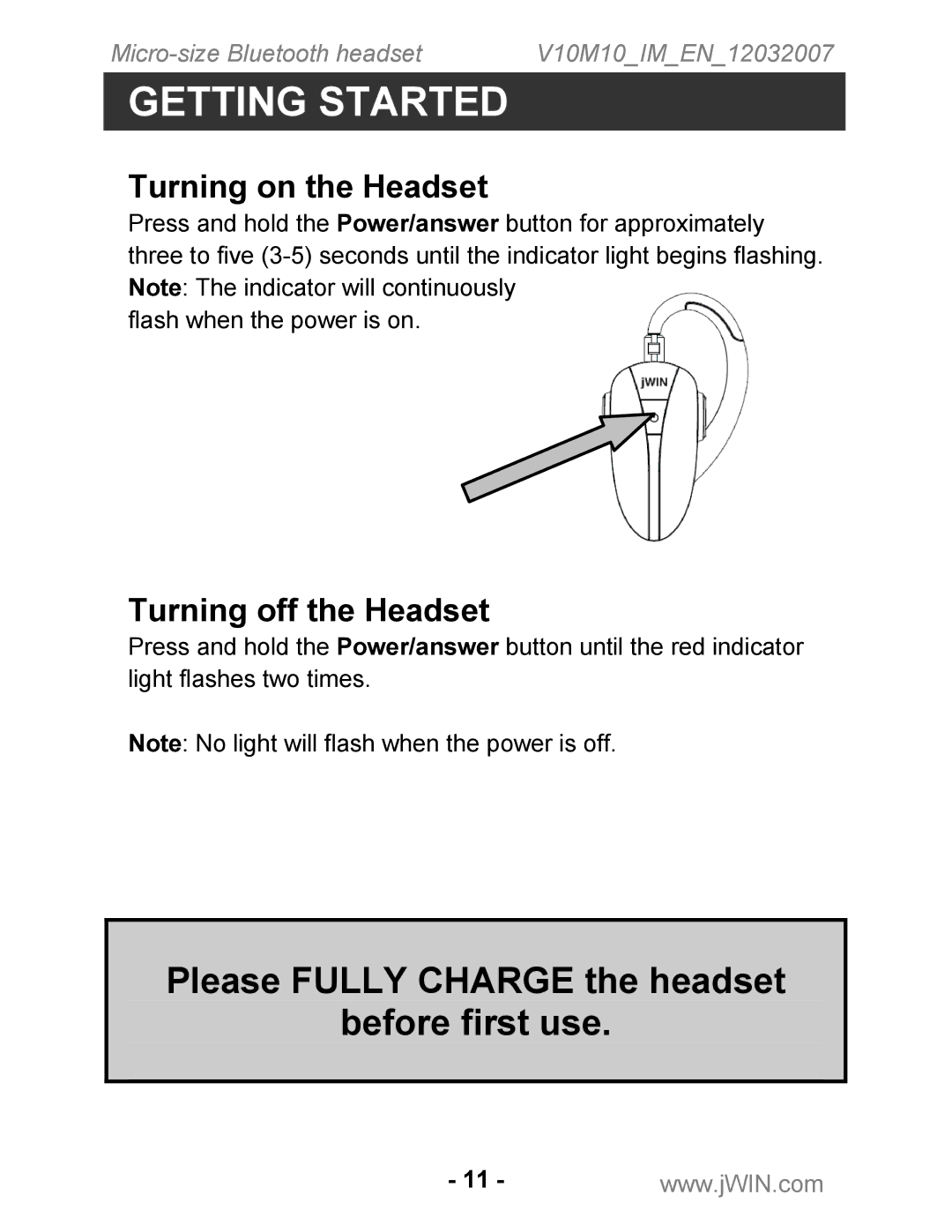 Jwin JB-TH210 instruction manual Turning on the Headset, Turning off the Headset 