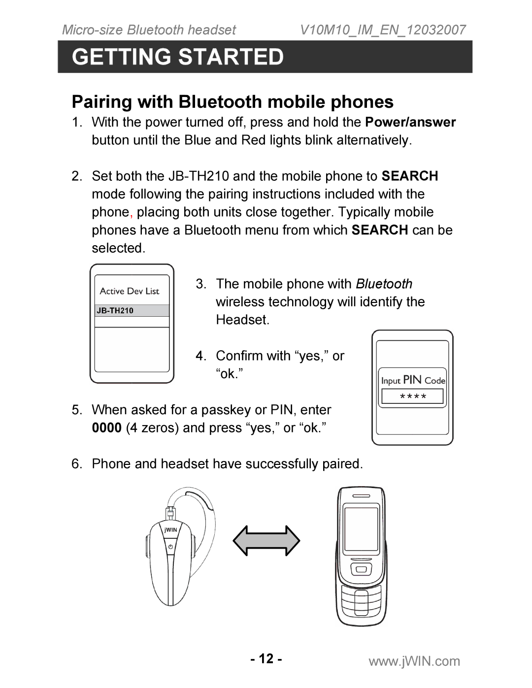 Jwin JB-TH210 instruction manual Pairing with Bluetooth mobile phones 