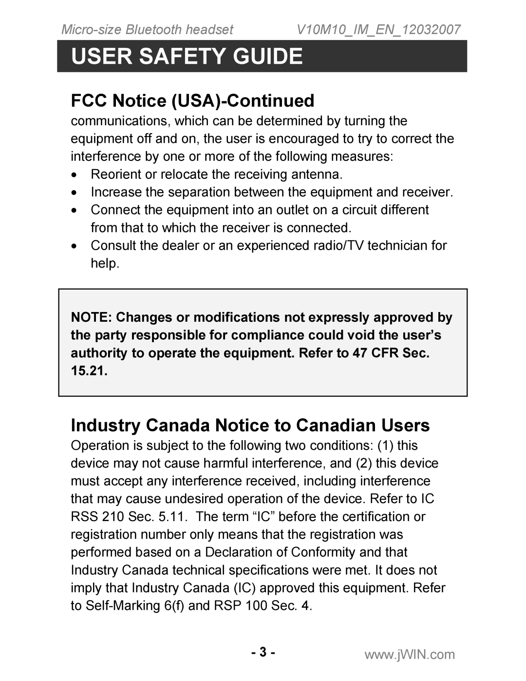 Jwin JB-TH210 instruction manual Industry Canada Notice to Canadian Users 