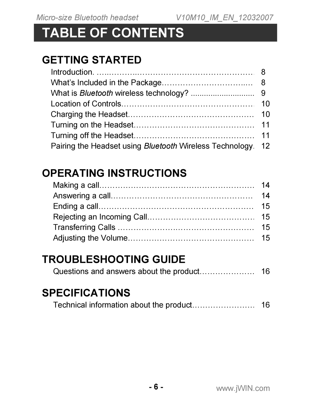 Jwin JB-TH210 instruction manual Table of Contents 