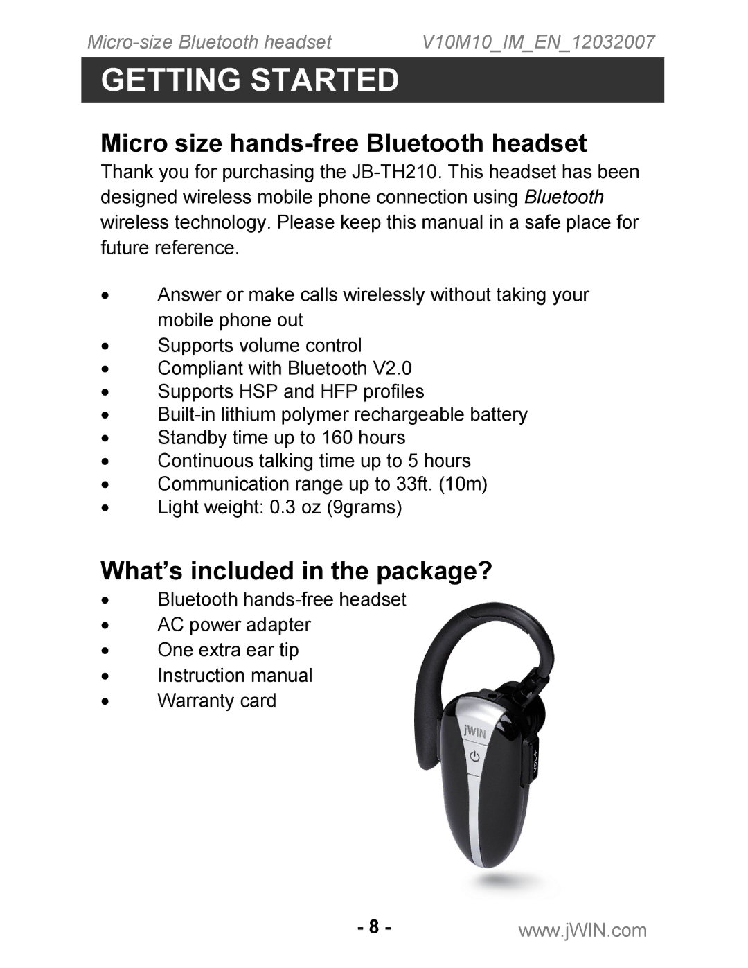 Jwin JB-TH210 instruction manual Getting Started, Micro size hands-free Bluetooth headset, What’s included in the package? 