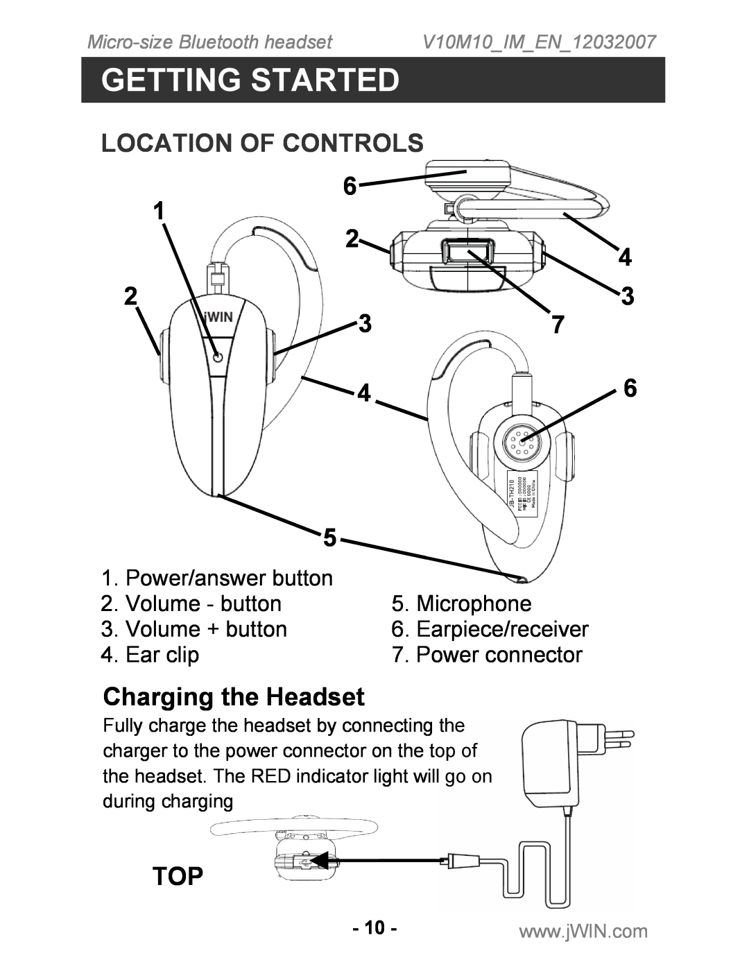 Jwin JB-TH210 instruction manual Location Of Controls, Charging the Headset, Getting Started 