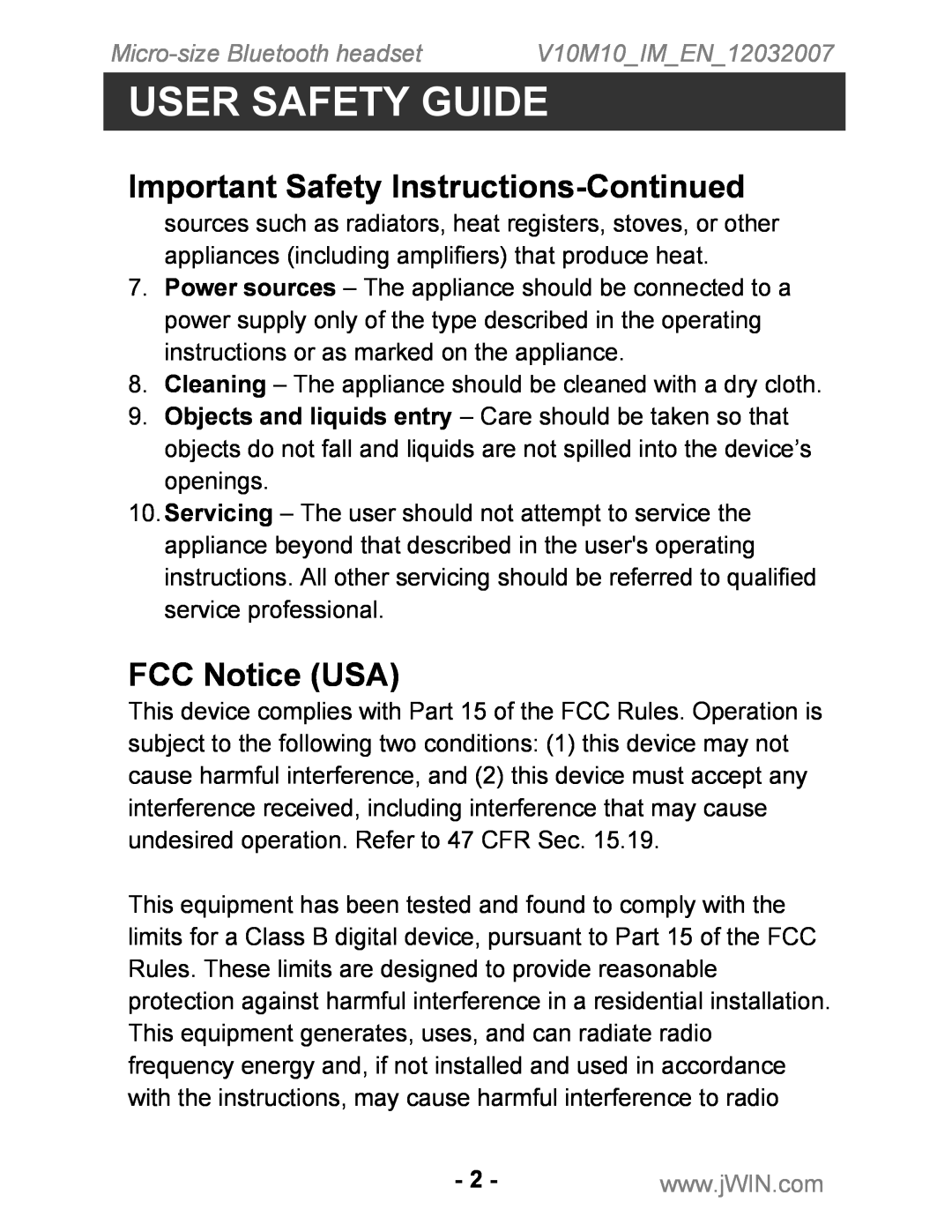 Jwin JB-TH210 Important Safety Instructions-Continued, FCC Notice USA, User Safety Guide, Micro-sizeBluetooth headset 