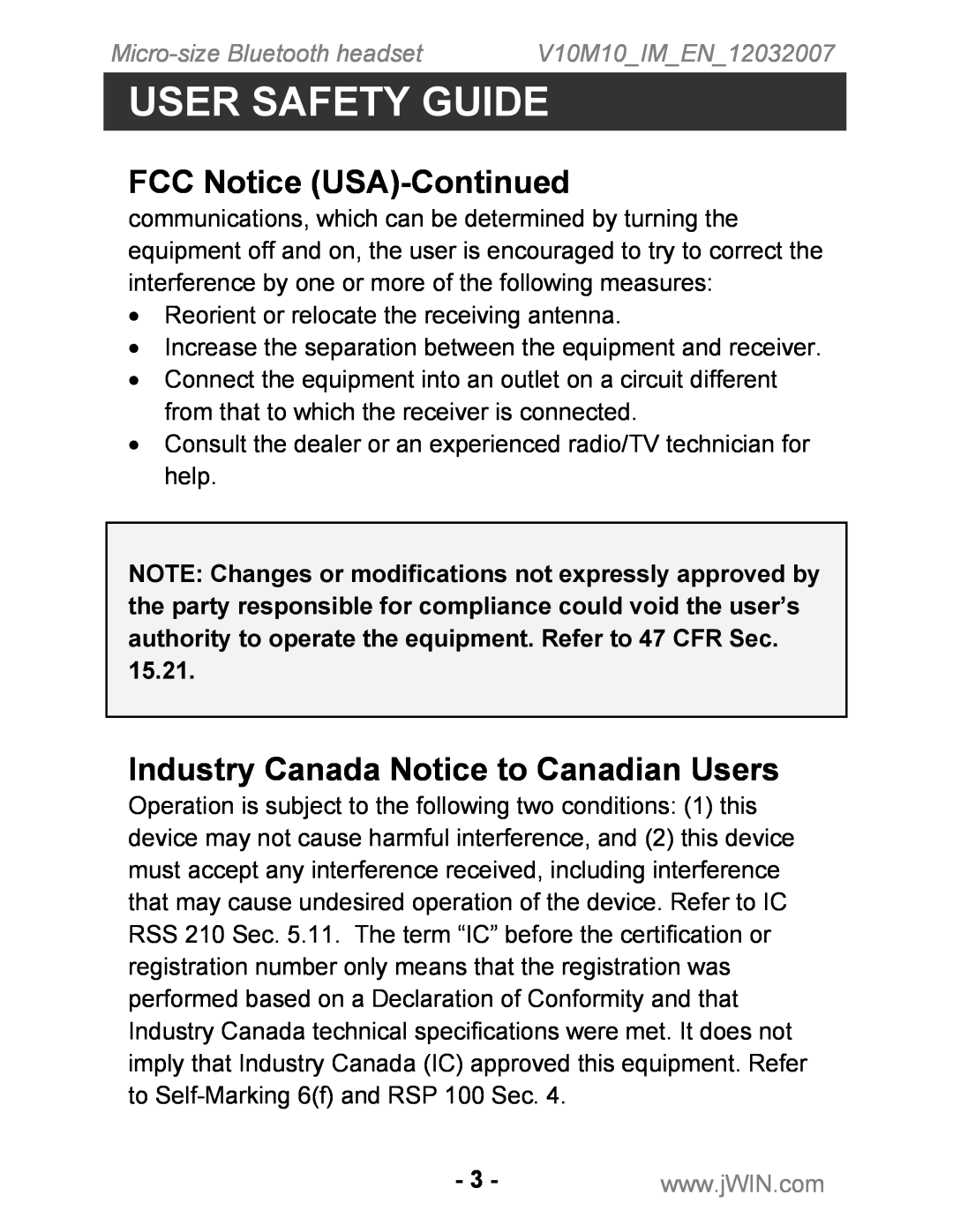 Jwin JB-TH210 instruction manual FCC Notice USA-Continued, Industry Canada Notice to Canadian Users, User Safety Guide 
