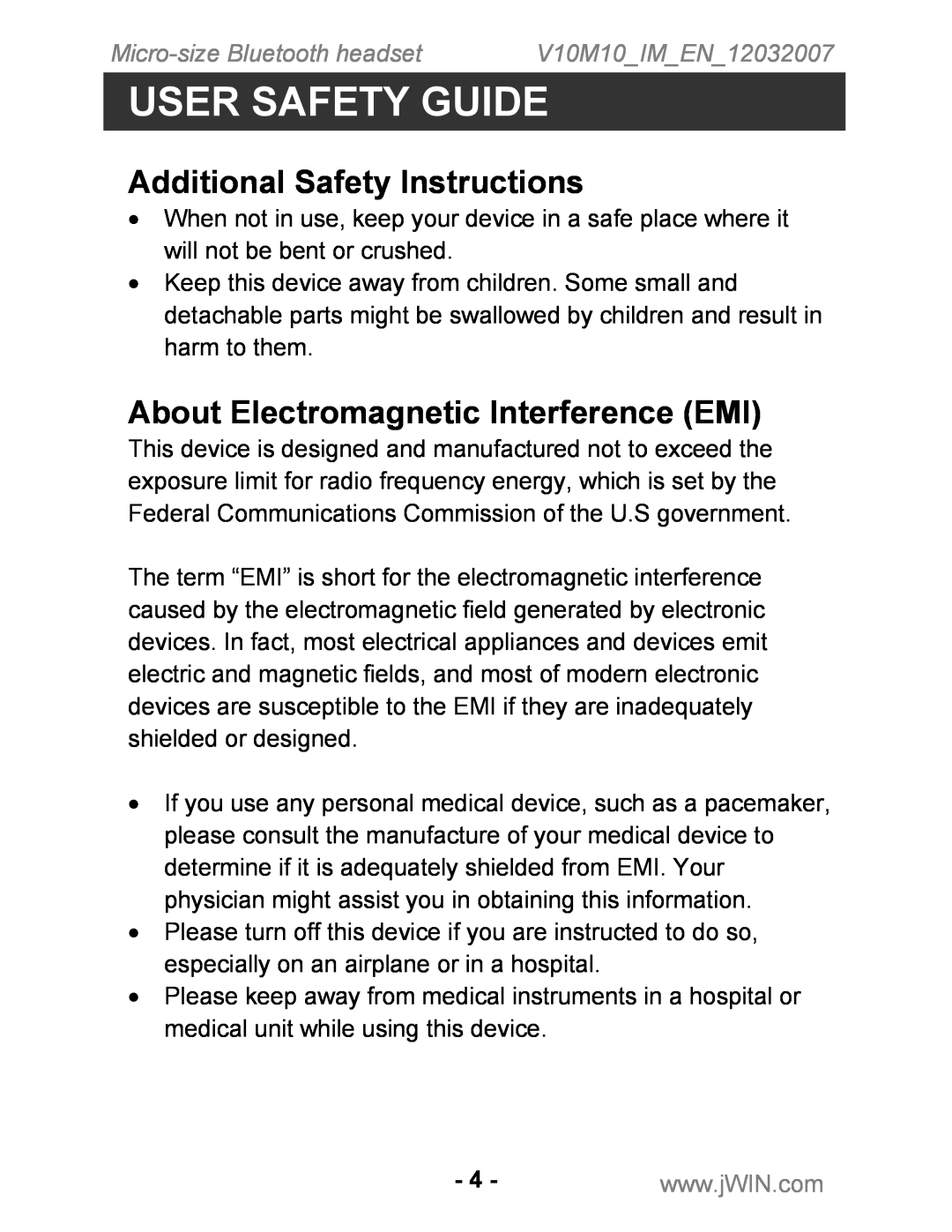 Jwin JB-TH210 instruction manual Additional Safety Instructions, About Electromagnetic Interference EMI, User Safety Guide 