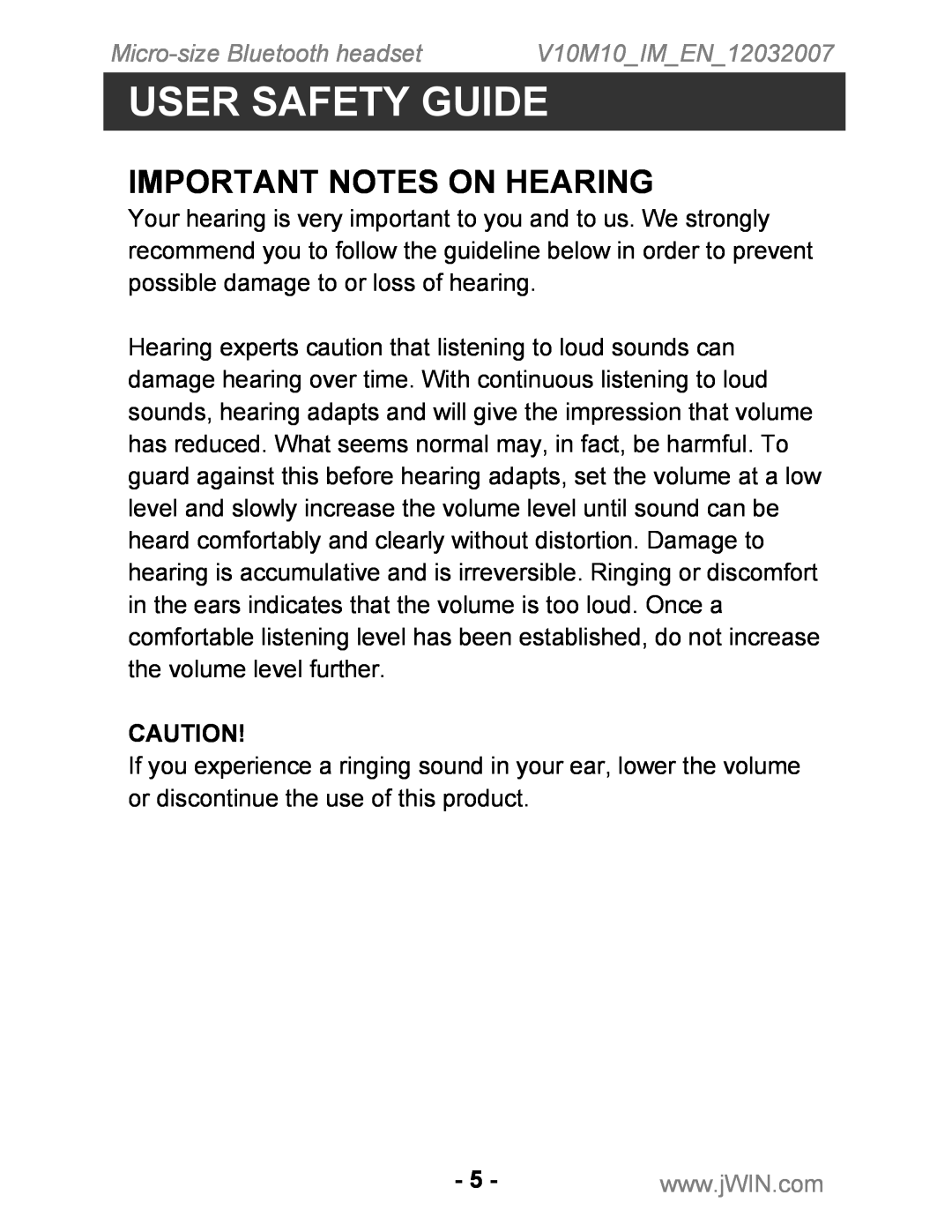 Jwin JB-TH210 instruction manual Important Notes On Hearing, User Safety Guide, Micro-sizeBluetooth headset 