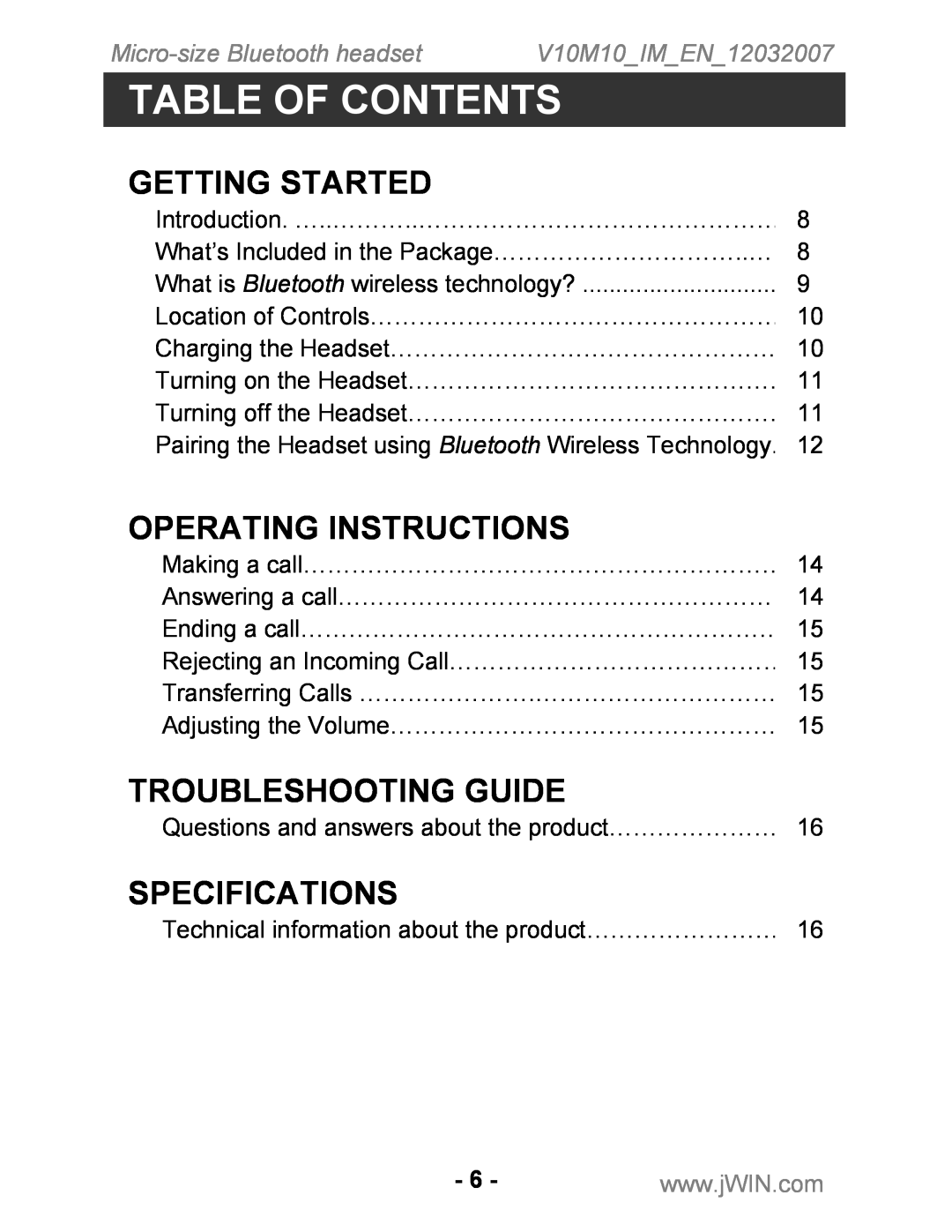 Jwin JB-TH210 Table Of Contents, Getting Started, Operating Instructions, Troubleshooting Guide, Specifications 