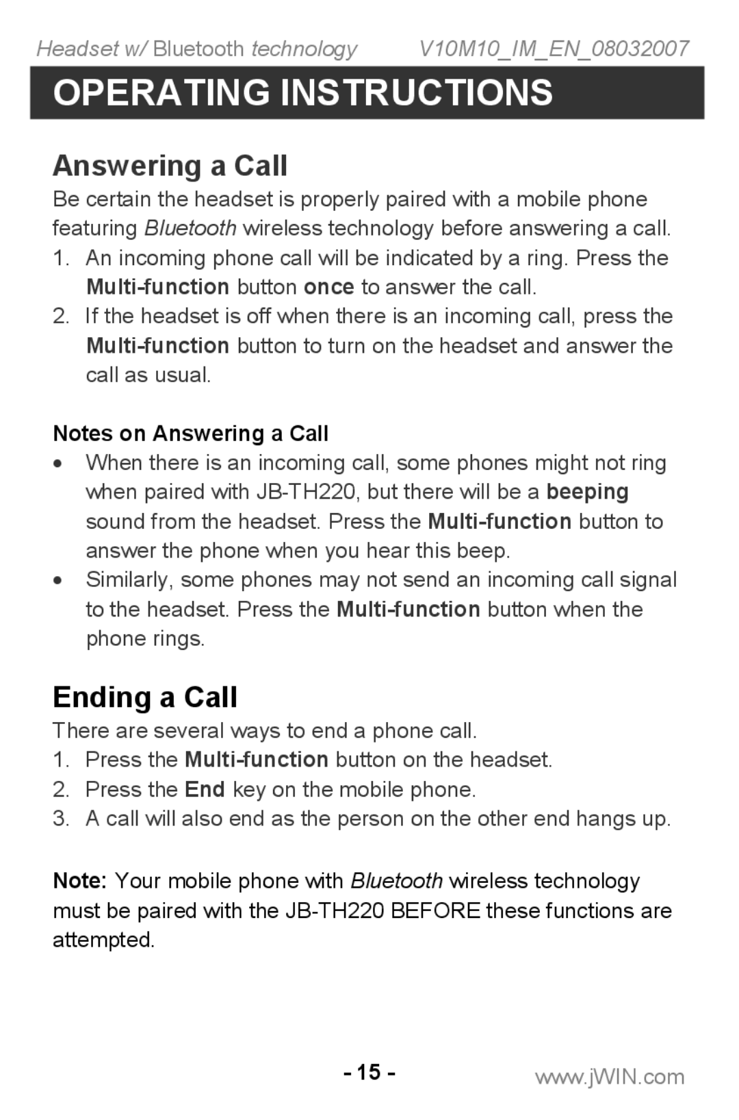 Jwin JB TH220 instruction manual Answering a Call, Ending a Call 