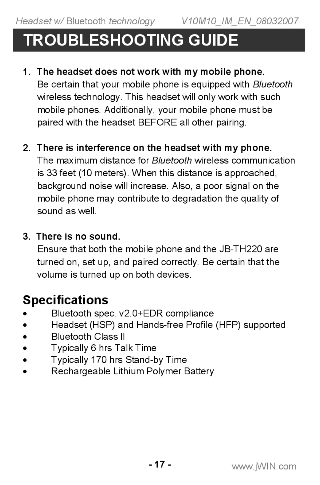 Jwin JB TH220 instruction manual Troubleshooting Guide, Specifications 