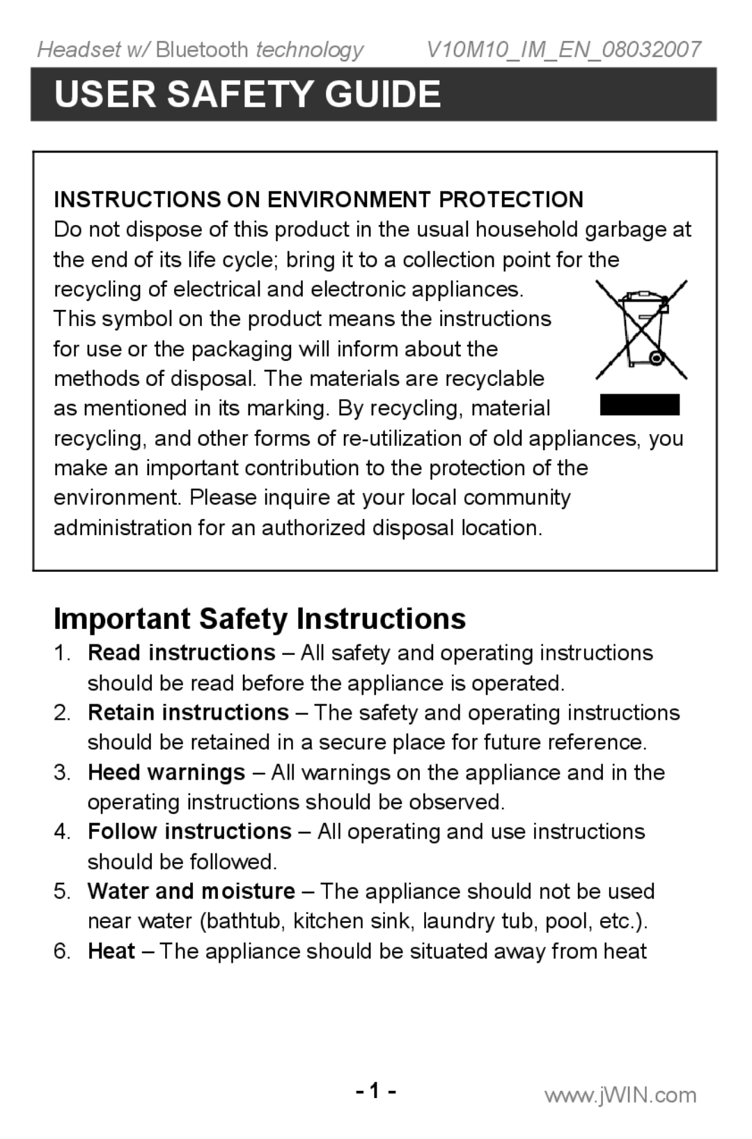 Jwin JB TH220 instruction manual User Safety Guide, Important Safety Instructions 