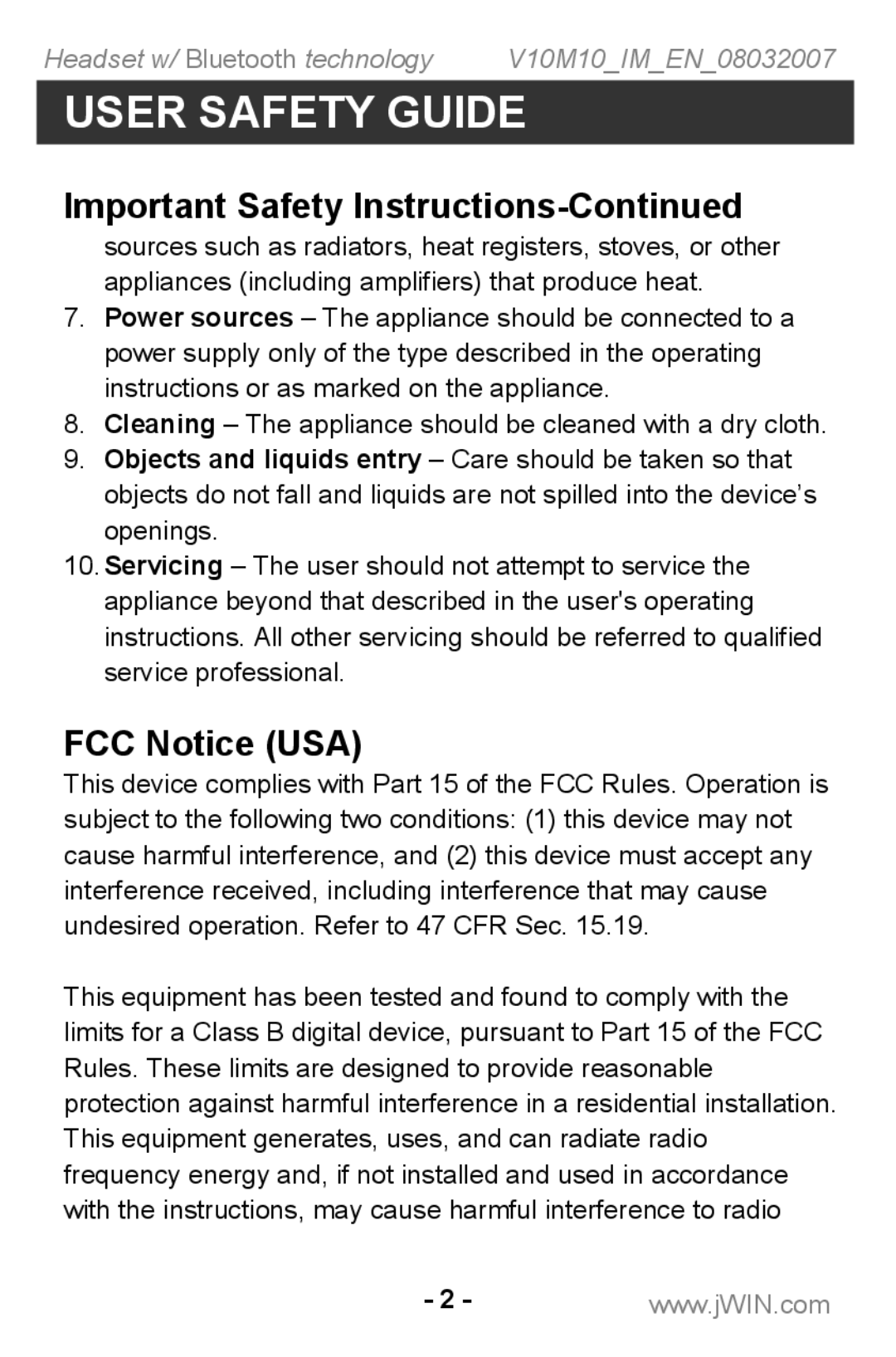 Jwin JB TH220 instruction manual FCC Notice USA 