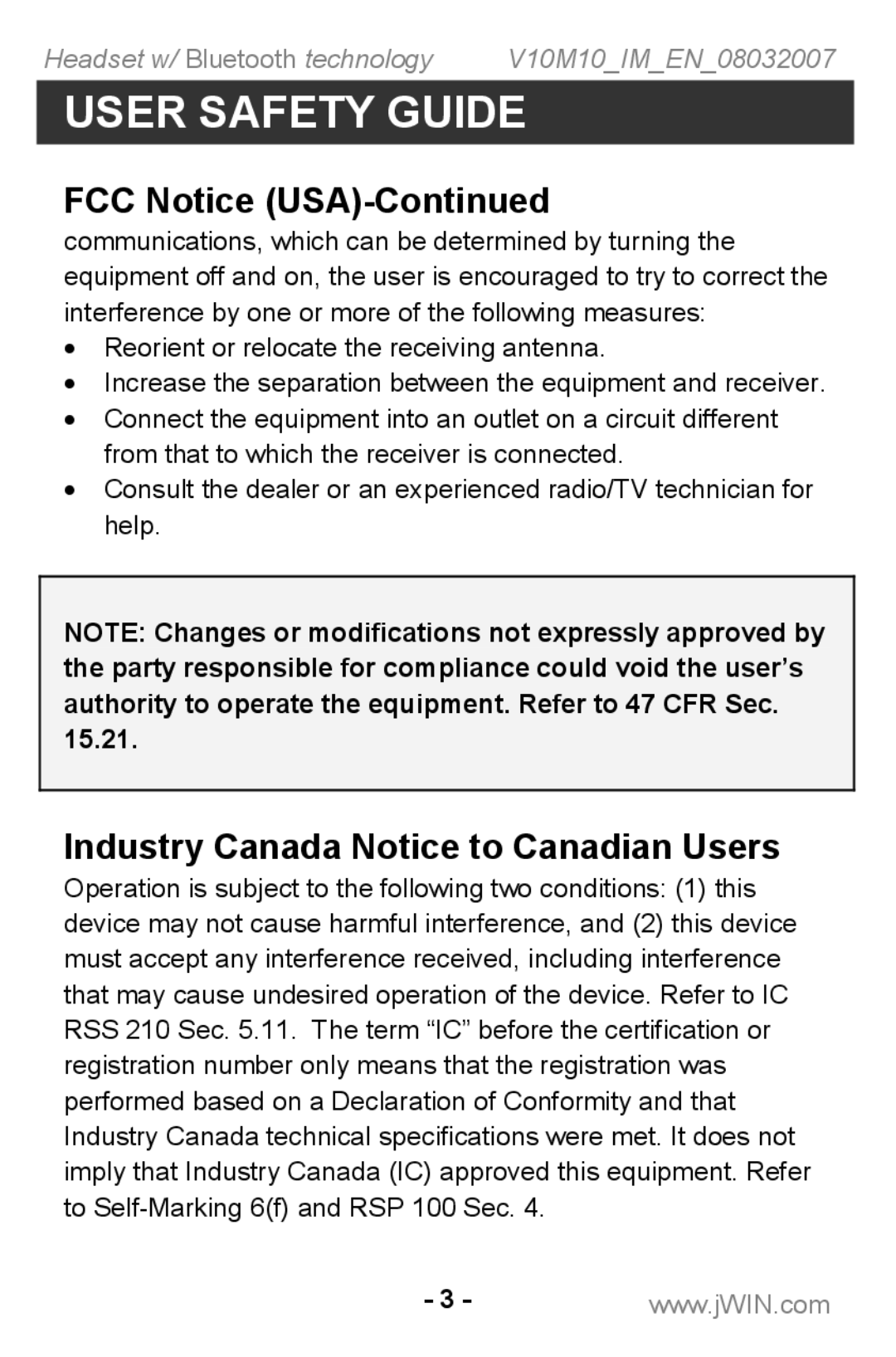 Jwin JB TH220 instruction manual Industry Canada Notice to Canadian Users 