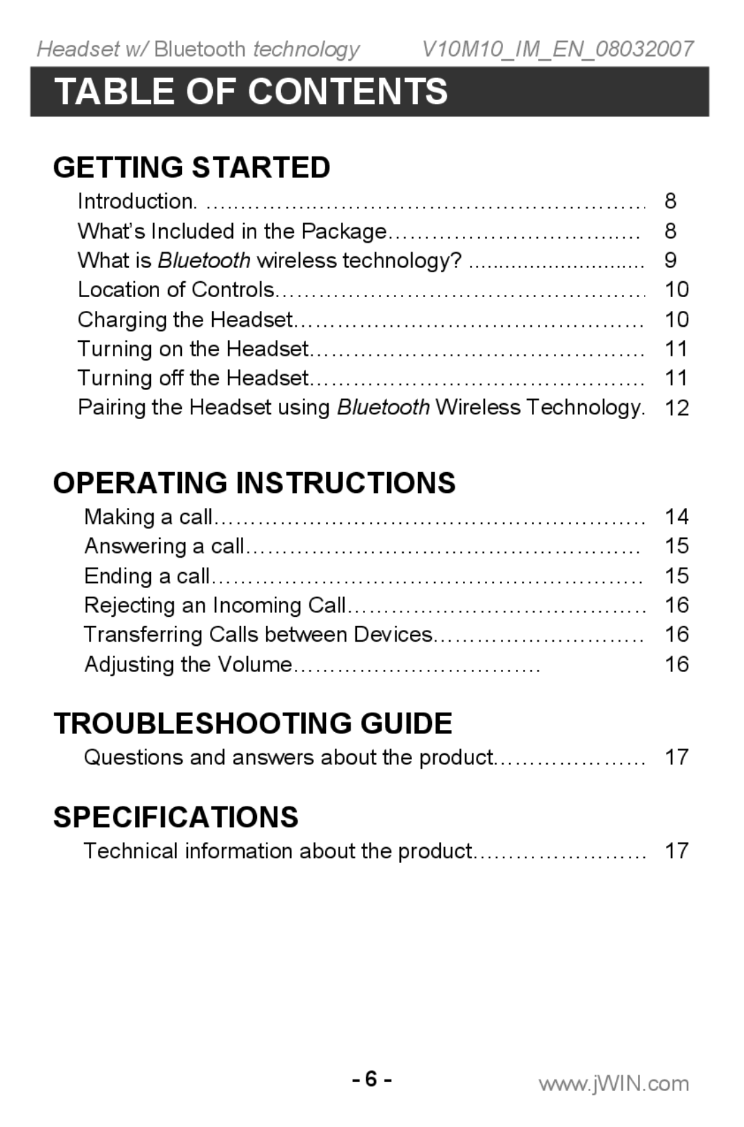 Jwin JB TH220 instruction manual Table of Contents 