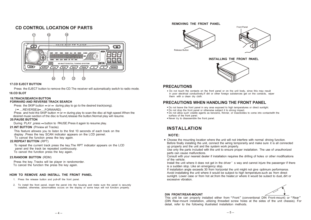 Jwin JC-CD160 instruction manual CD Control Location of Parts, Installation 