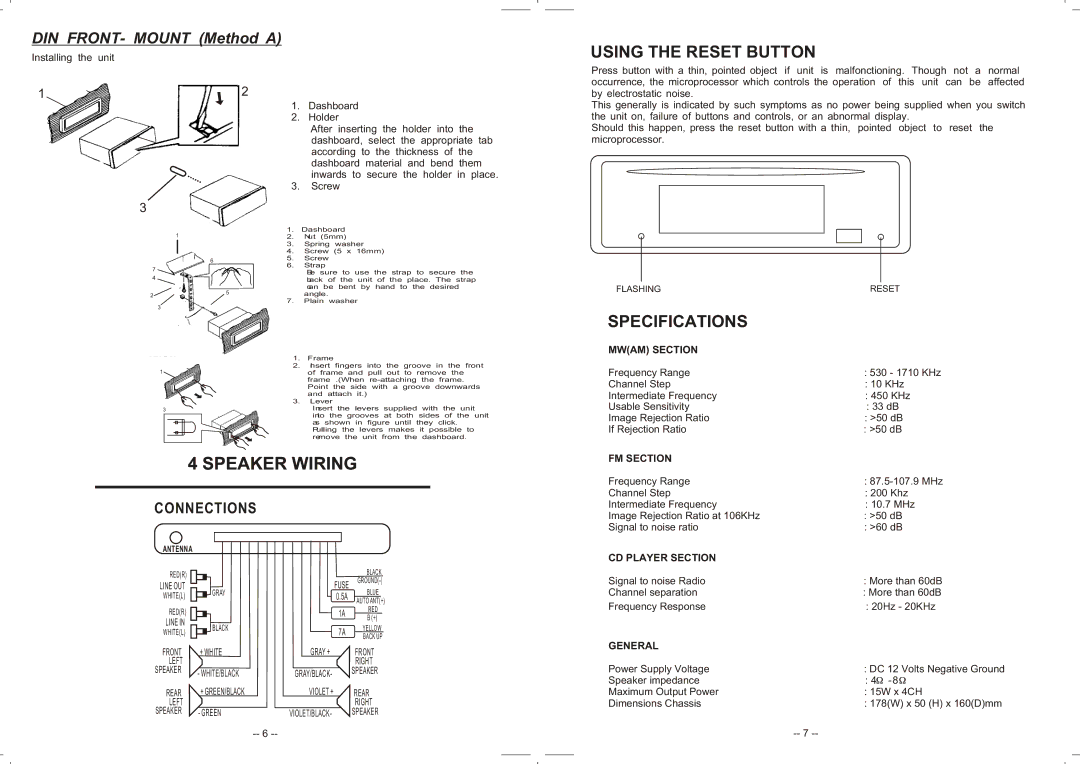 Jwin JC-CD160 instruction manual Connections, Mwam Section, FM Section, CD Player Section, General 