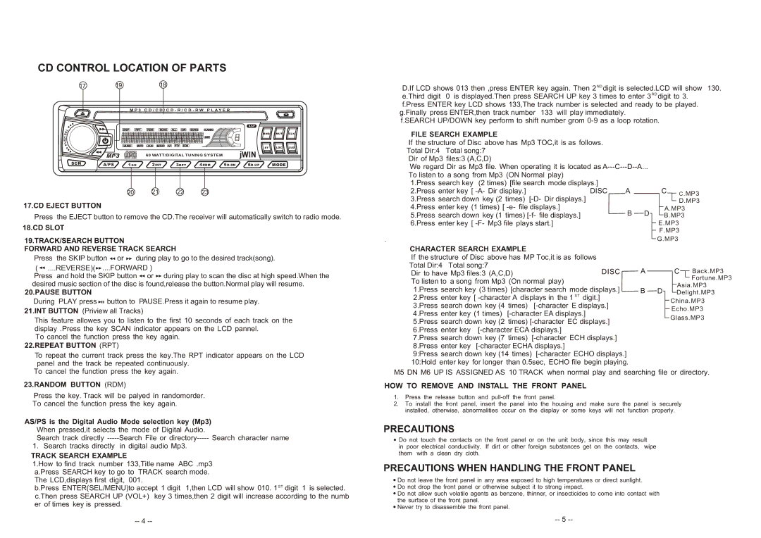 Jwin JC-CD260 File Search Example, CD Eject Button, Pause Button, Track Search Example, Character Search Example 