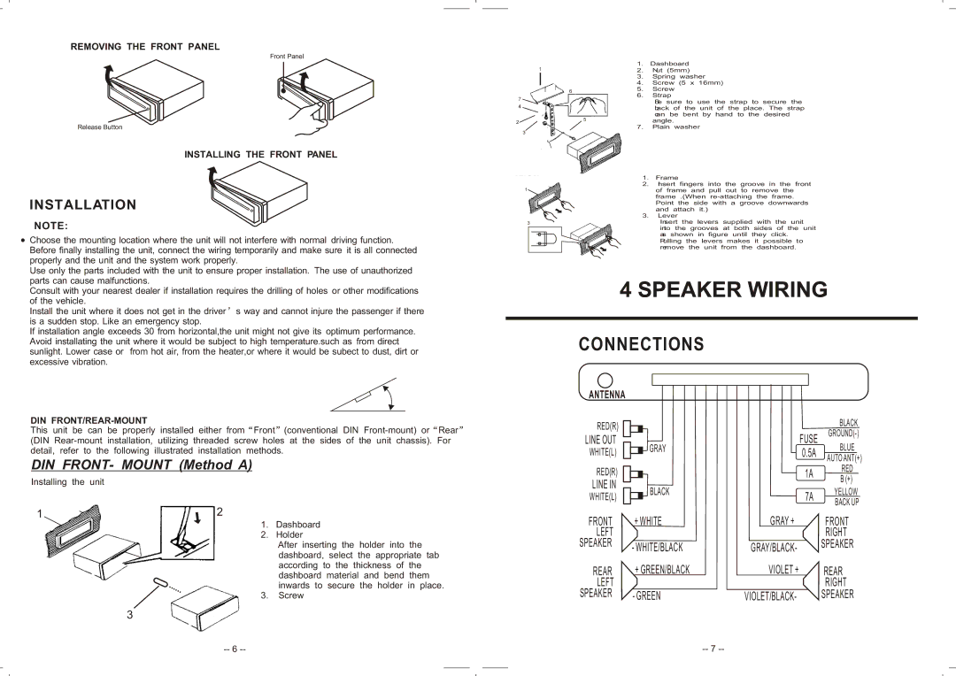 Jwin JC-CD260 instruction manual Removing the Front Panel, Installing the Front Panel, Din Front/Rear-Mount 