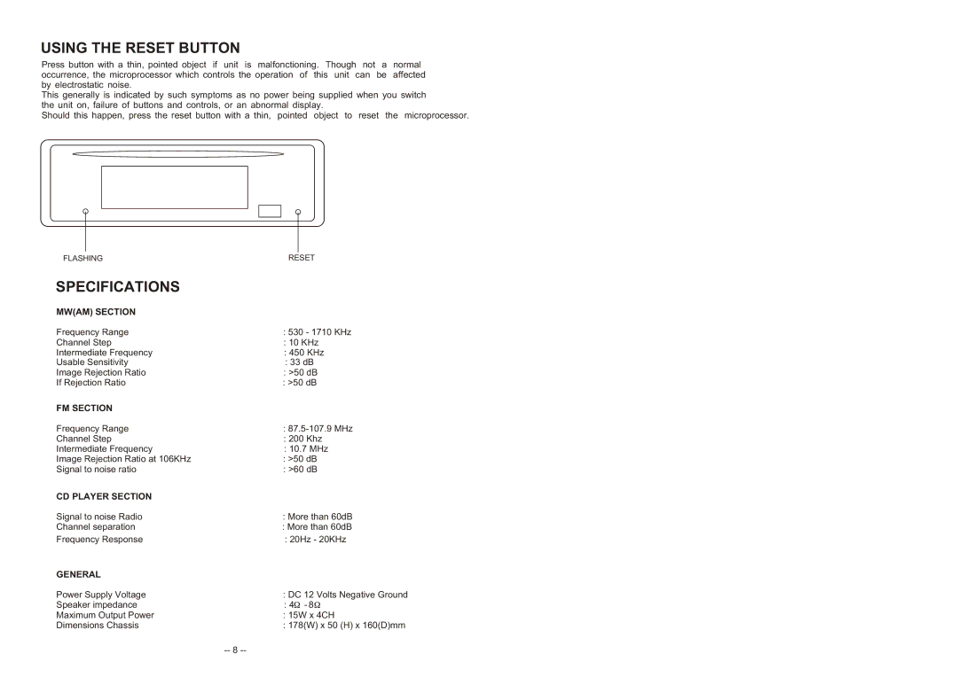 Jwin JC-CD260 instruction manual Mwam Section, FM Section, CD Player Section, General 