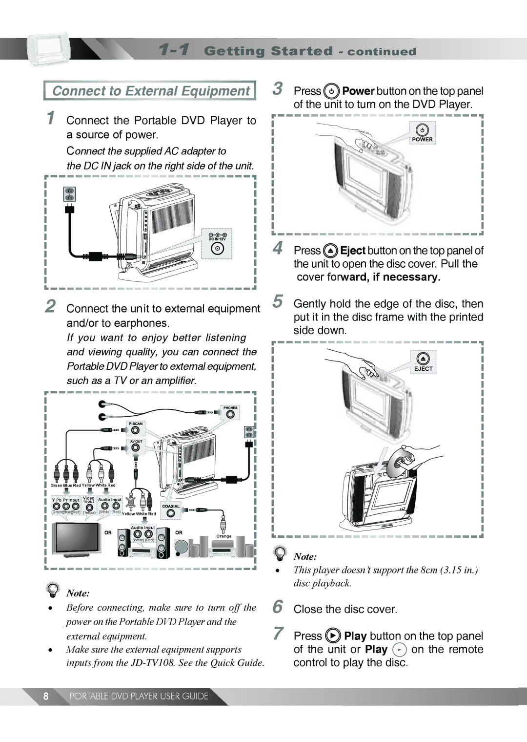 Jwin JD TV108 manual Press Power button on the top panel, Connect the unit to external equipment and/or to earphones 