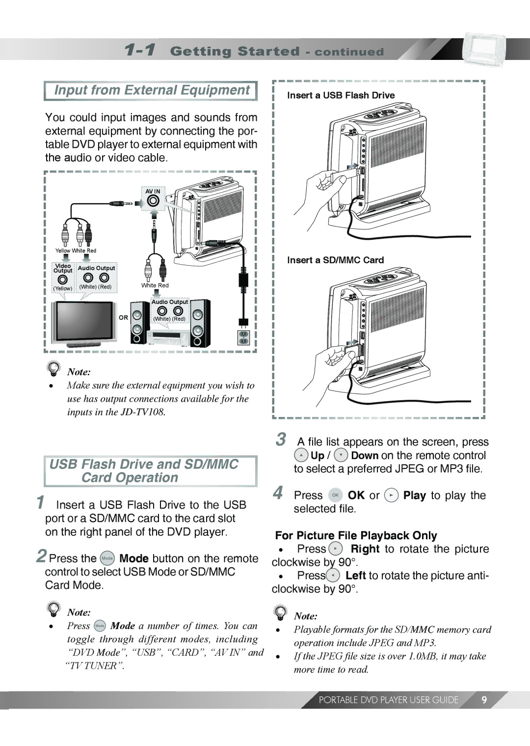 Jwin JD TV108 manual Input from External Equipment, For Picture File Playback Only 