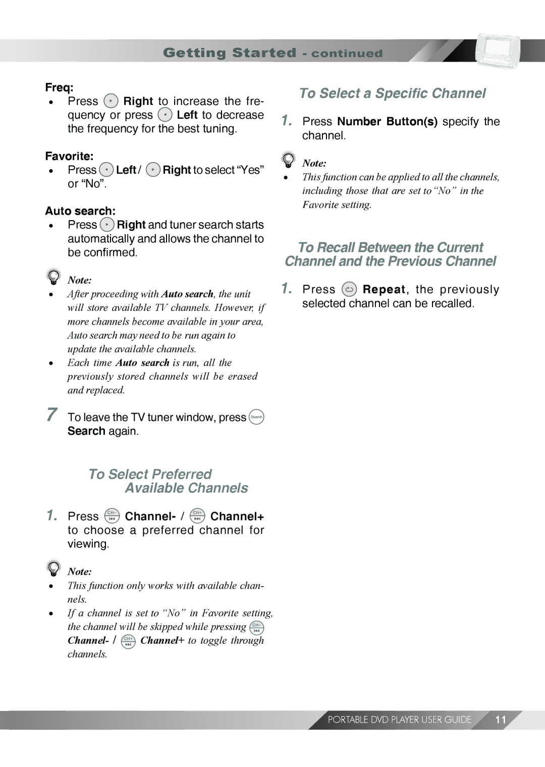 Jwin JD TV108 manual To Select a Specific Channel, To Select Preferred Available Channels, Freq, Favorite, Auto search 