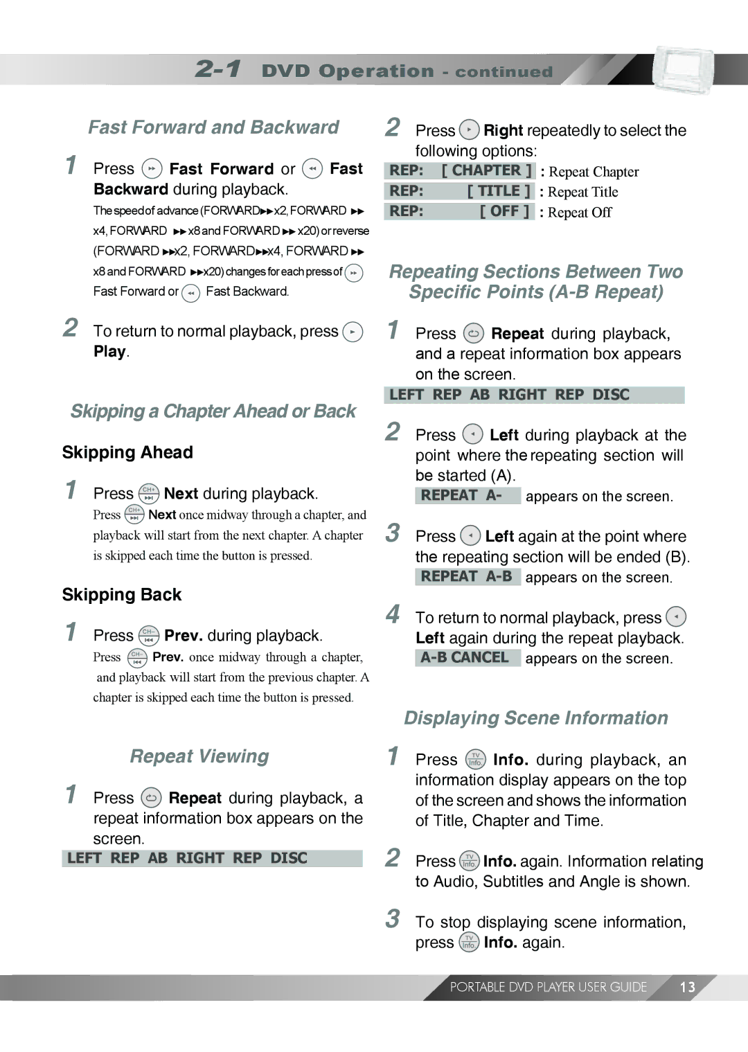 Jwin JD TV108 Fast Forward and Backward, Skipping a Chapter Ahead or Back, Repeat Viewing, Displaying Scene Information 