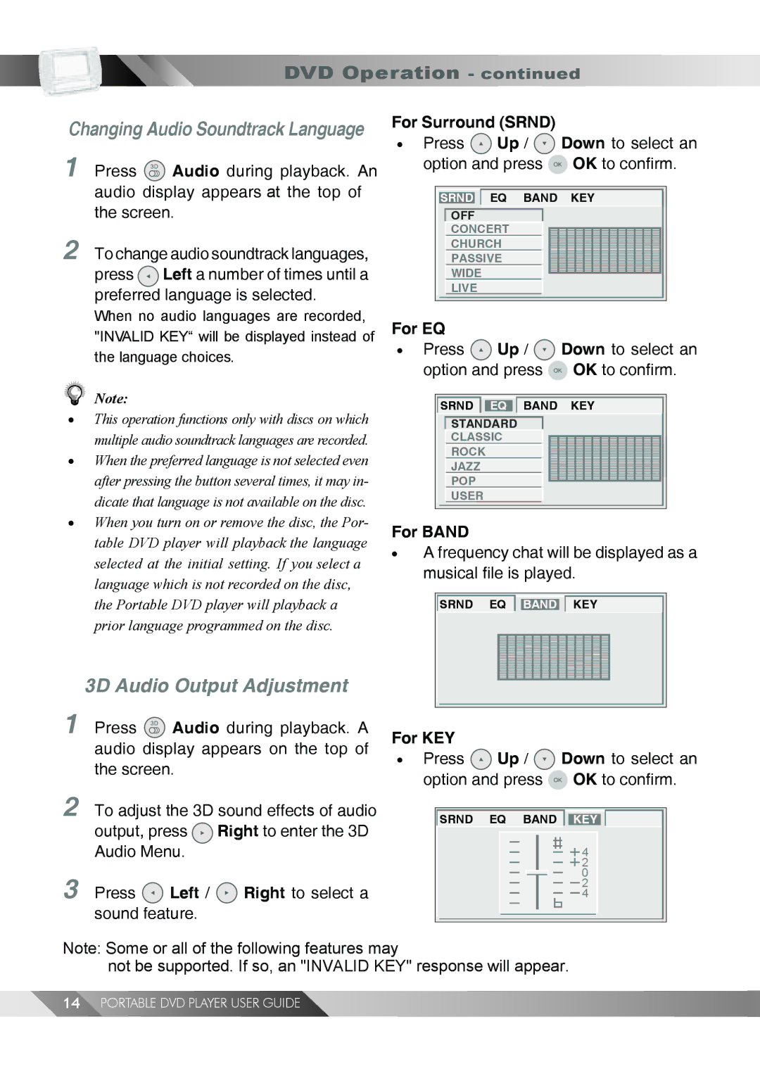 Jwin JD TV108 manual 3D Audio Output Adjustment, For Surround Srnd, For EQ, For Band, For KEY 