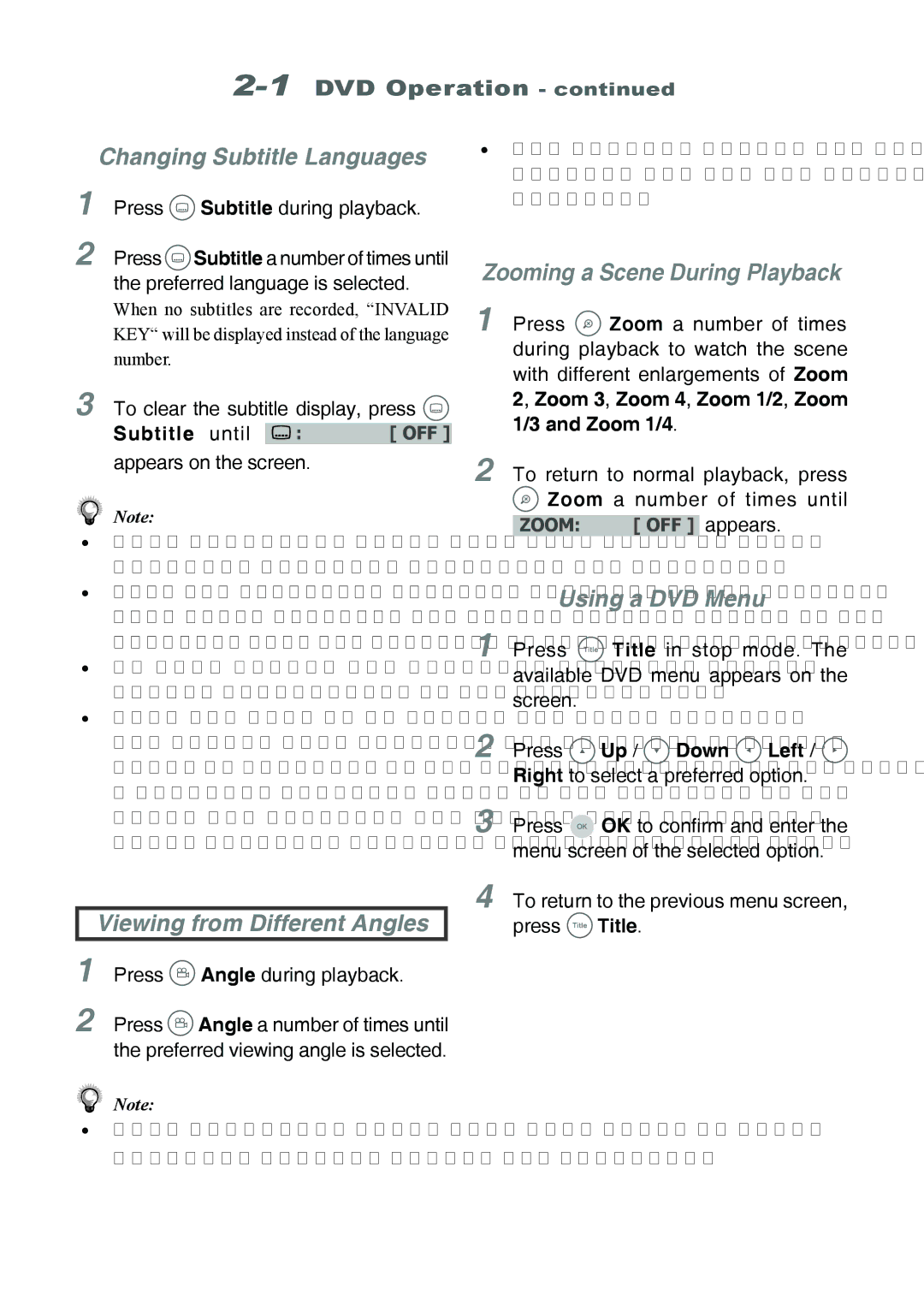 Jwin JD TV108 manual Changing Subtitle Languages, Zooming a Scene During Playback, Viewing from Different Angles 