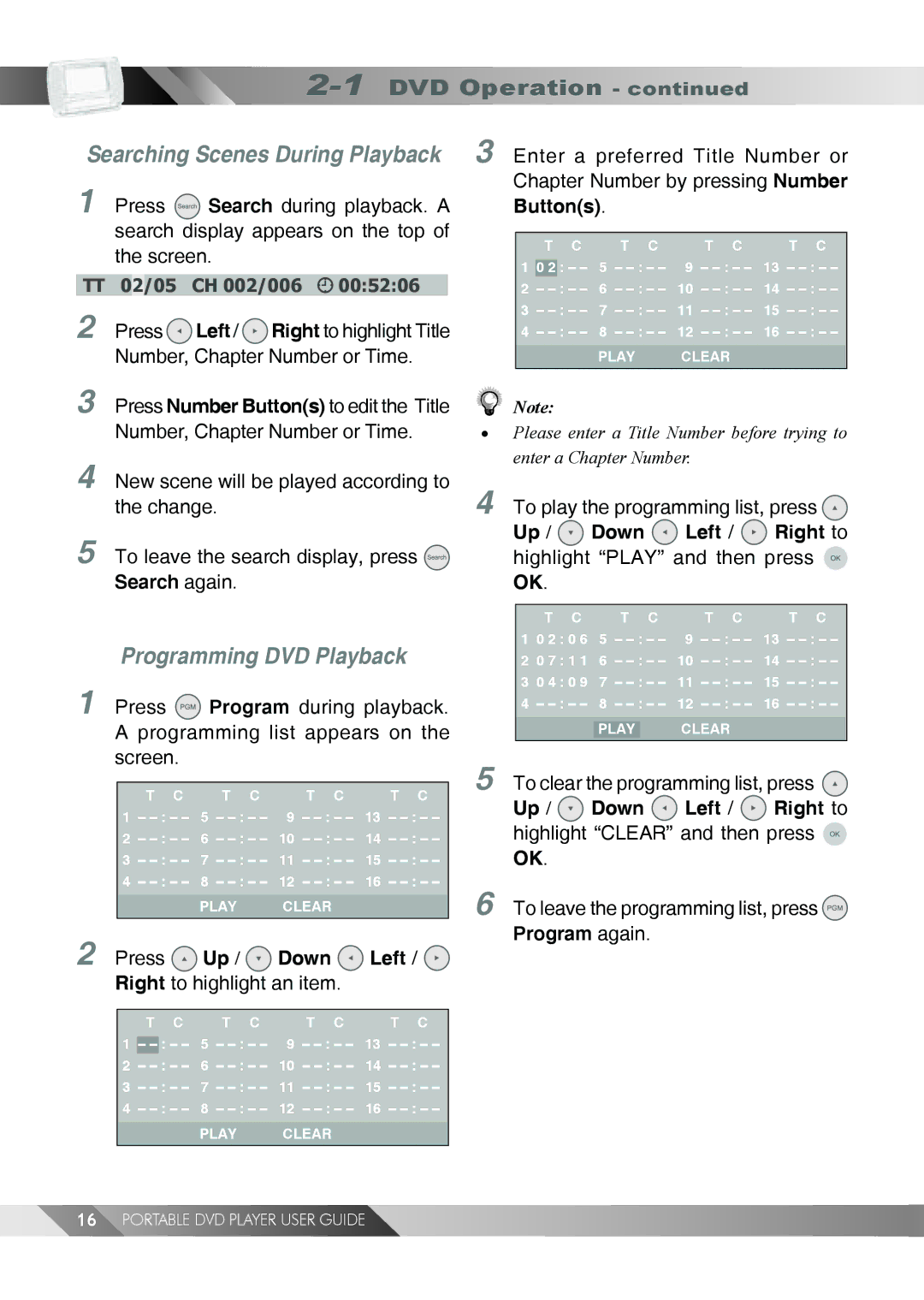 Jwin JD TV108 manual Searching Scenes During Playback, Programming DVD Playback 