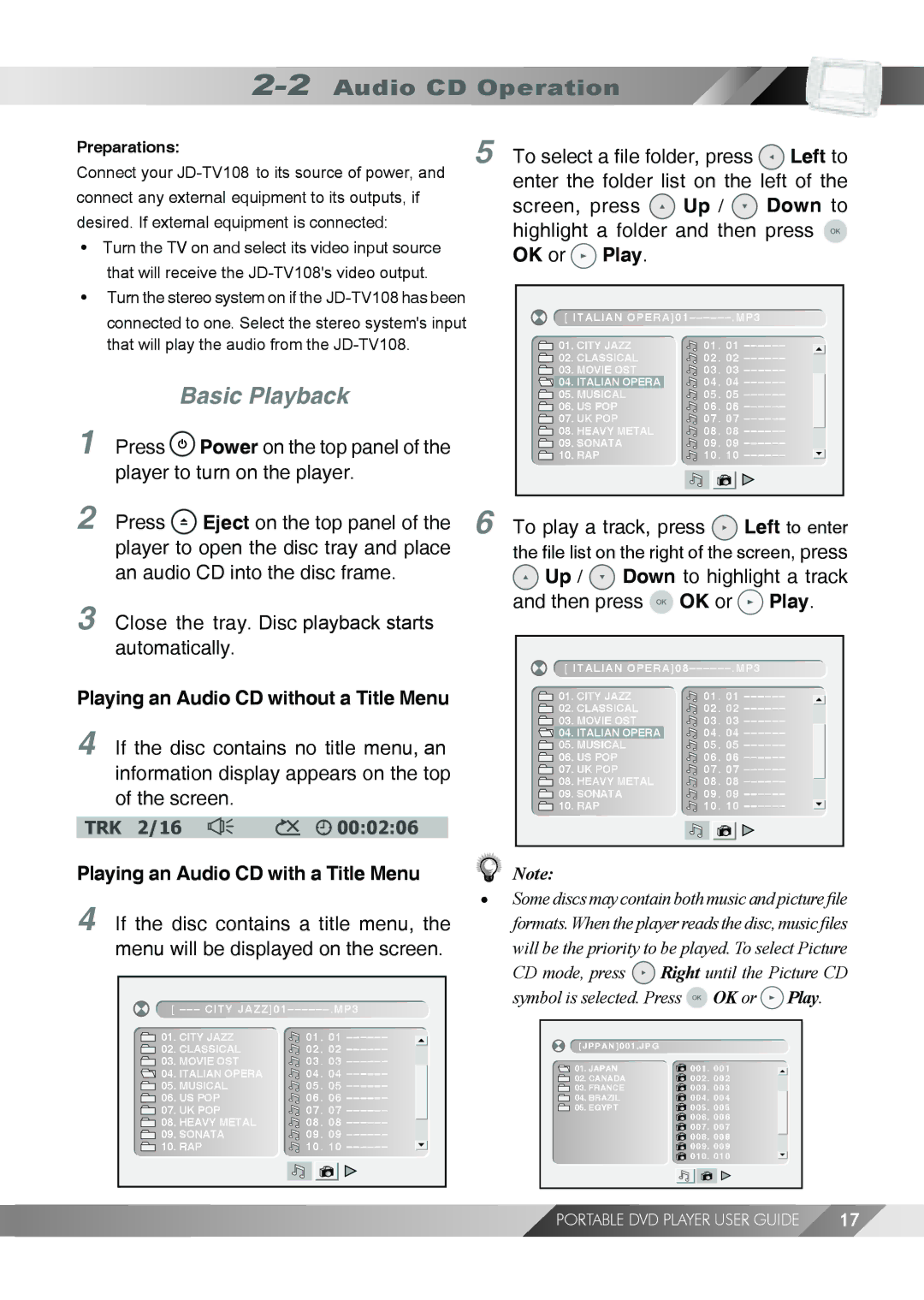 Jwin JD TV108 manual 2Audio CD Operation, Up / Down to highlight a track and then press OK or Play 