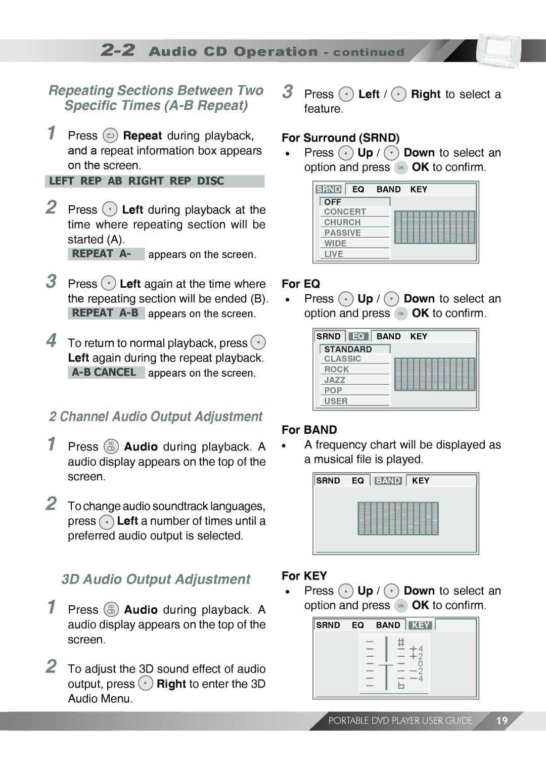 Jwin JD TV108 manual Repeating Sections Between Two Specific Times A-B Repeat, Channel Audio Output Adjustment 