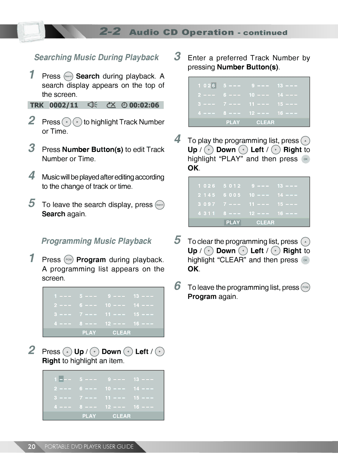 Jwin JD TV108 manual Searching Music During Playback, Programming Music Playback 