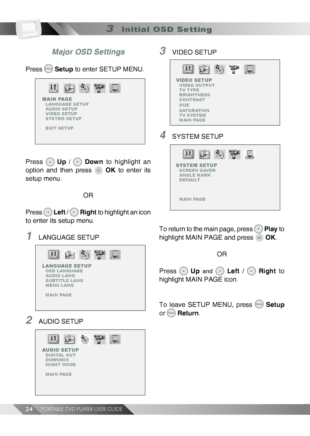 Jwin JD TV108 manual Major OSD Settings, Initial OSD Setting, Press Setup to enter Setup Menu 