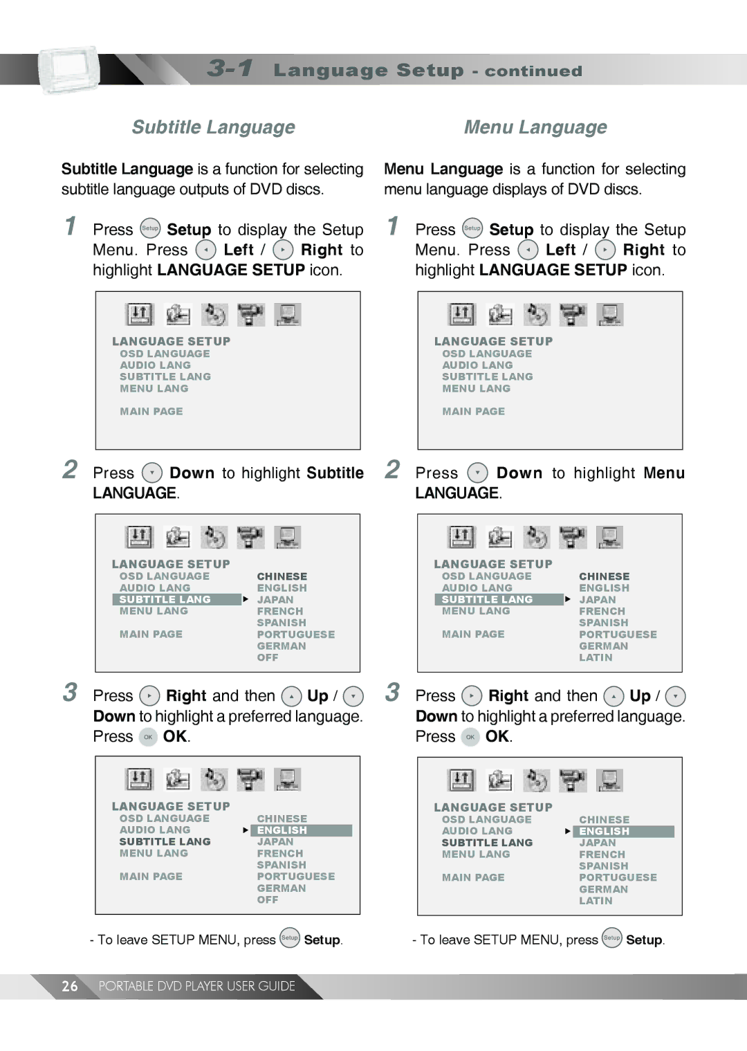 Jwin JD TV108 manual Subtitle Language Menu Language, Down to highlight Subtitle, Press Down to highlight Menu 