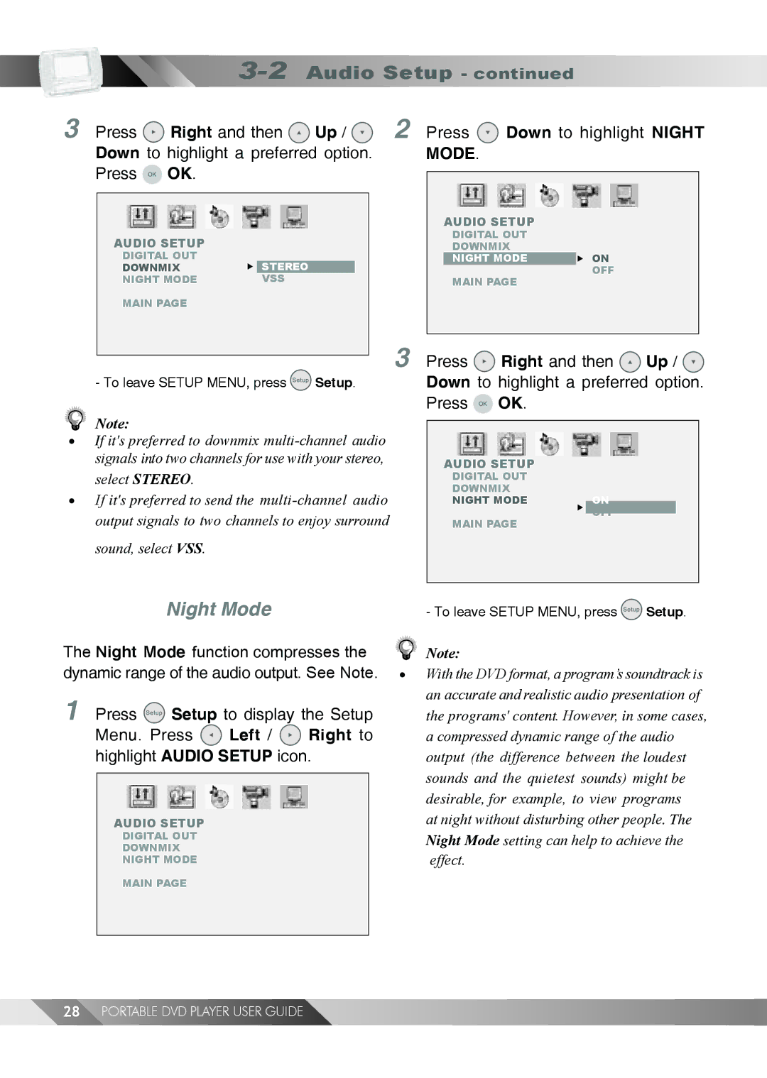 Jwin JD TV108 manual Night Mode, Down to highlight a preferred option. Press OK, Press Down to highlight Night 