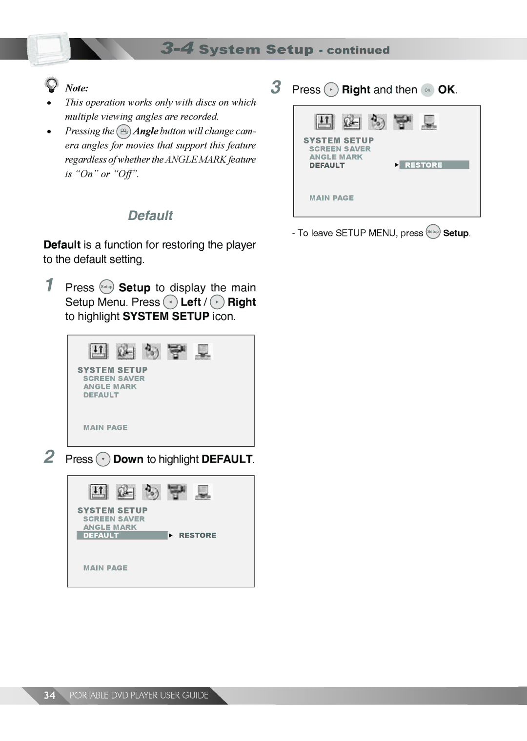 Jwin JD TV108 manual Press Down to highlight Default 