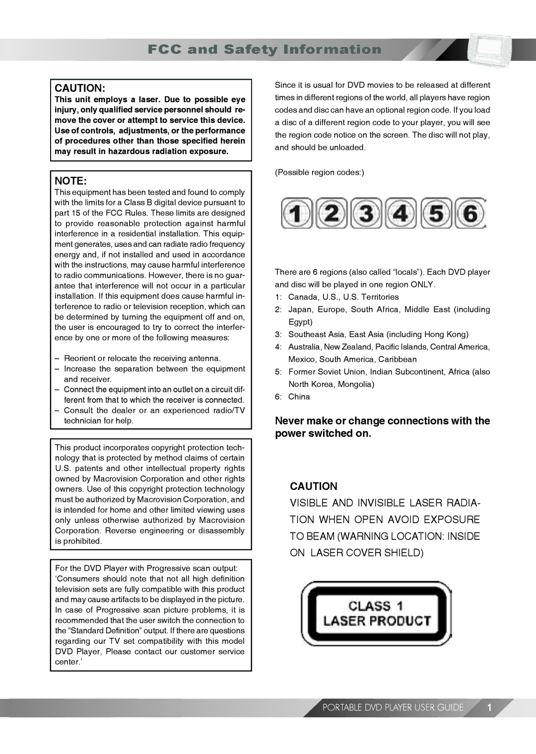 Jwin JD TV108 manual FCC and Safety Information, Never make or change connections with the power switched on 