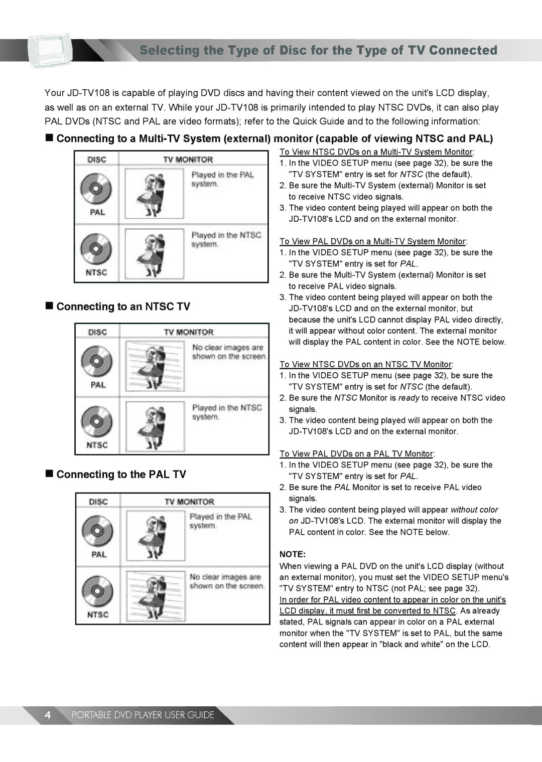 Jwin JD TV108 manual Selecting the Type of Disc for the Type of TV Connected 