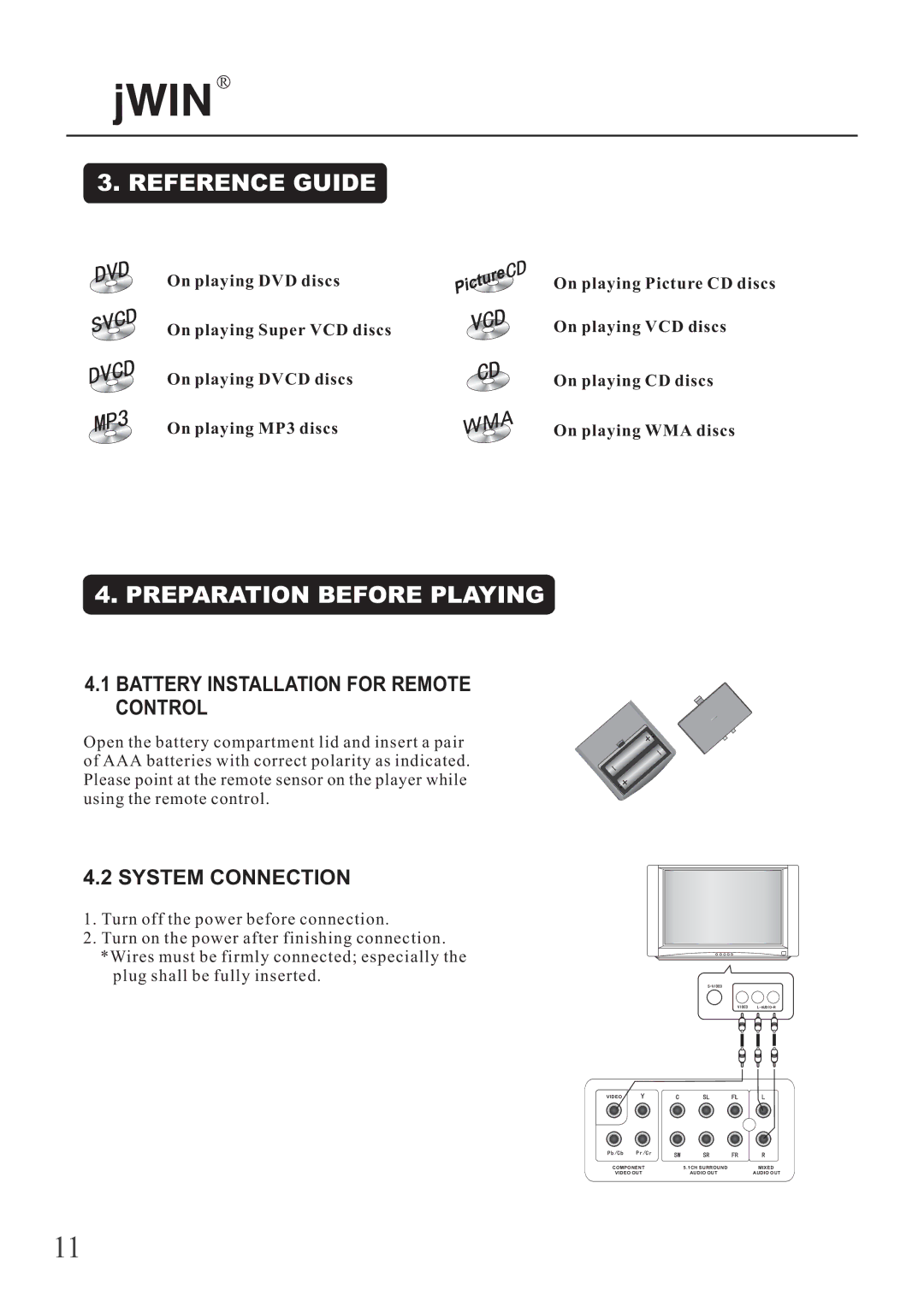 Jwin JD-VD503 Reference Guide, Preparation Before Playing, Battery Installation for Remote Control, System Connection 