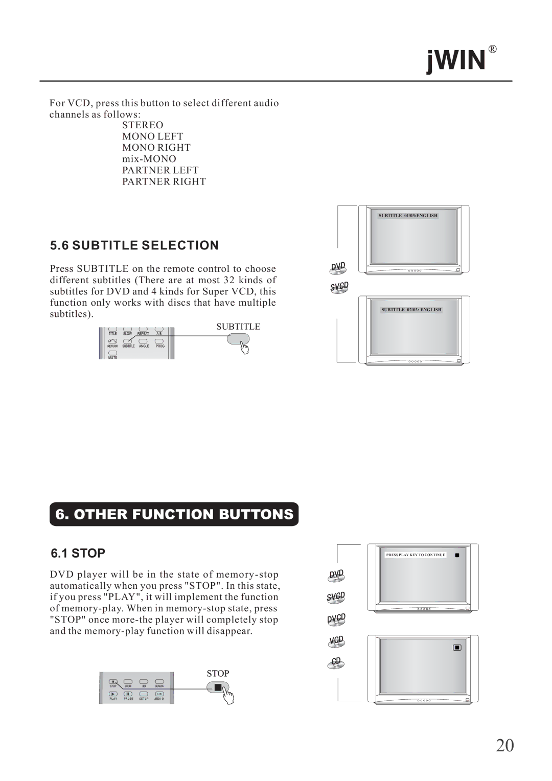 Jwin JD-VD503 manual Other Function Buttons, Subtitle Selection 