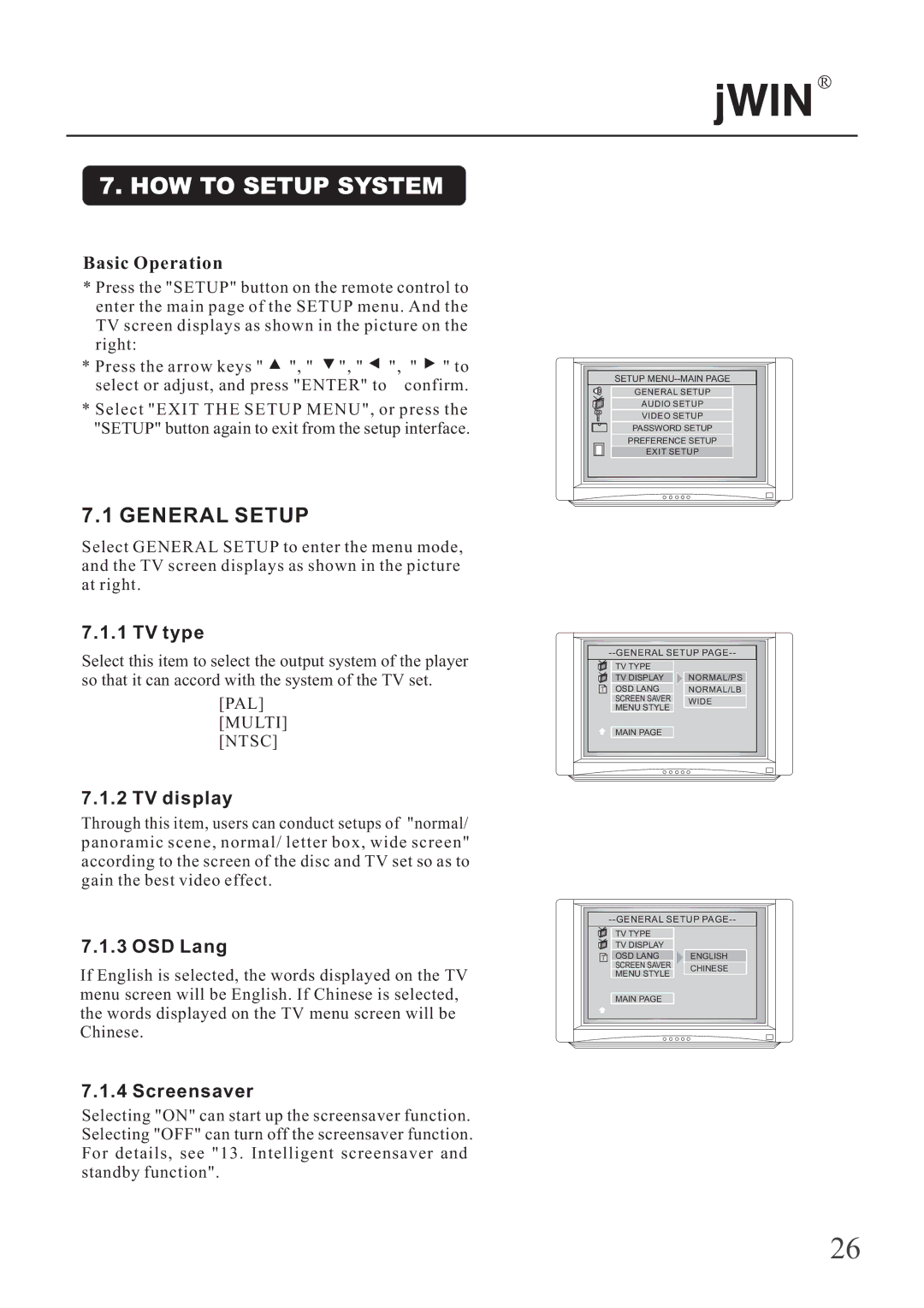 Jwin JD-VD503 manual HOW to Setup System, General Setup, Basic Operation 