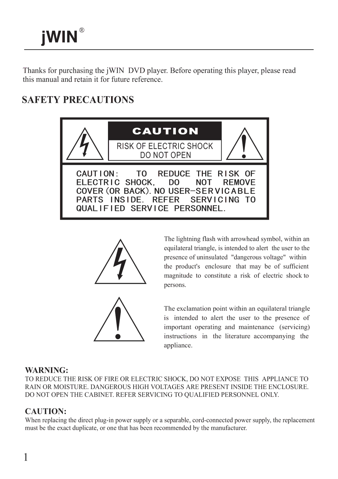 Jwin JD-VD503 manual Safety Precautions 