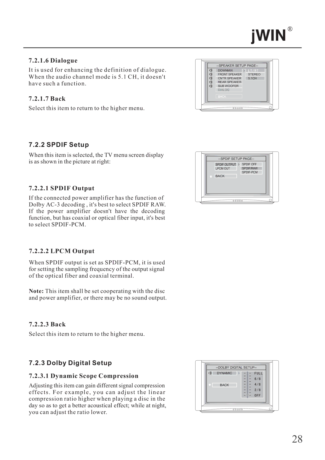 Jwin JD-VD503 manual Dialogue, Back, Spdif Output, Lpcm Output, Dynamic Scope Compression 
