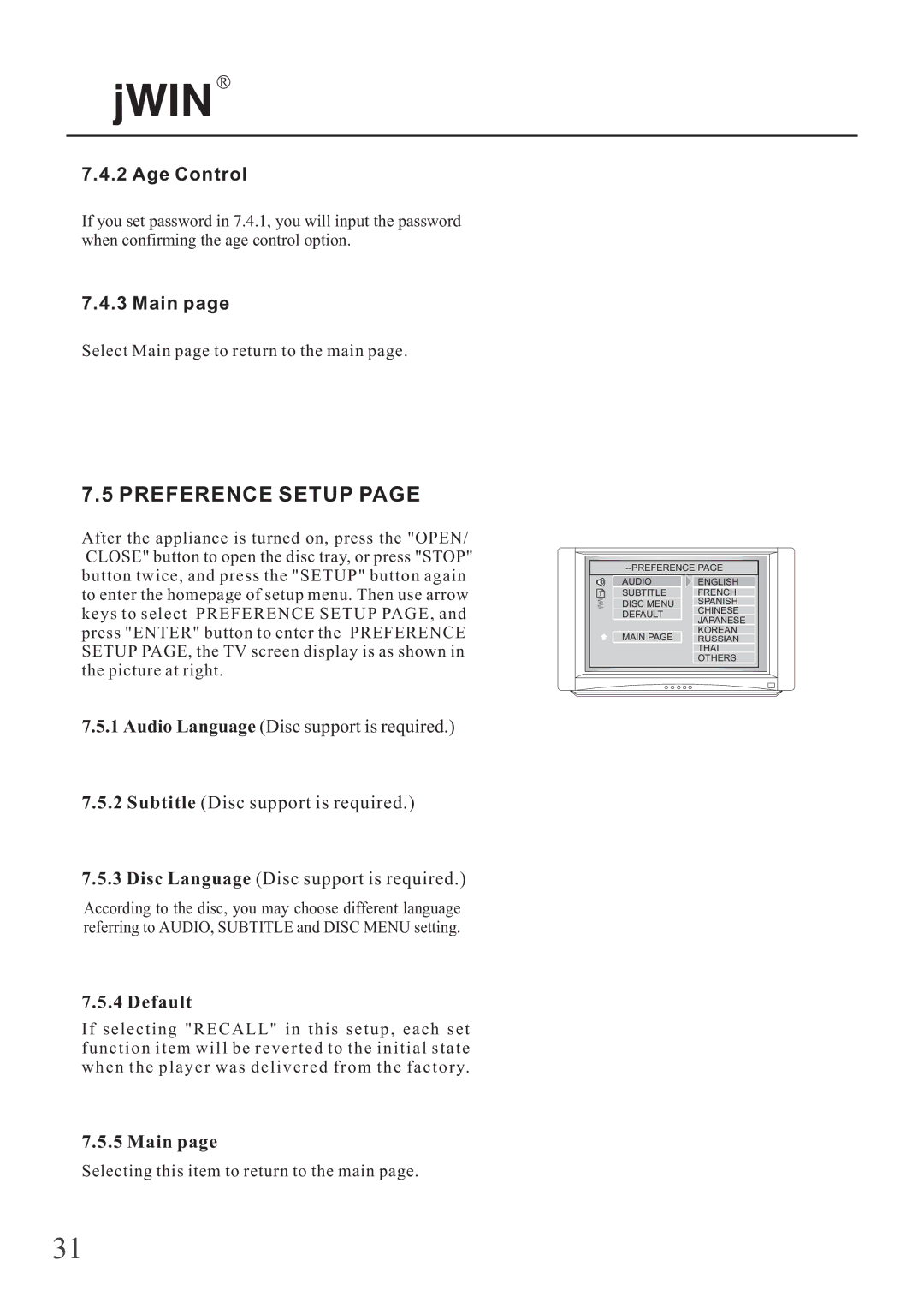 Jwin JD-VD503 manual Preference Setup, Default, Main 