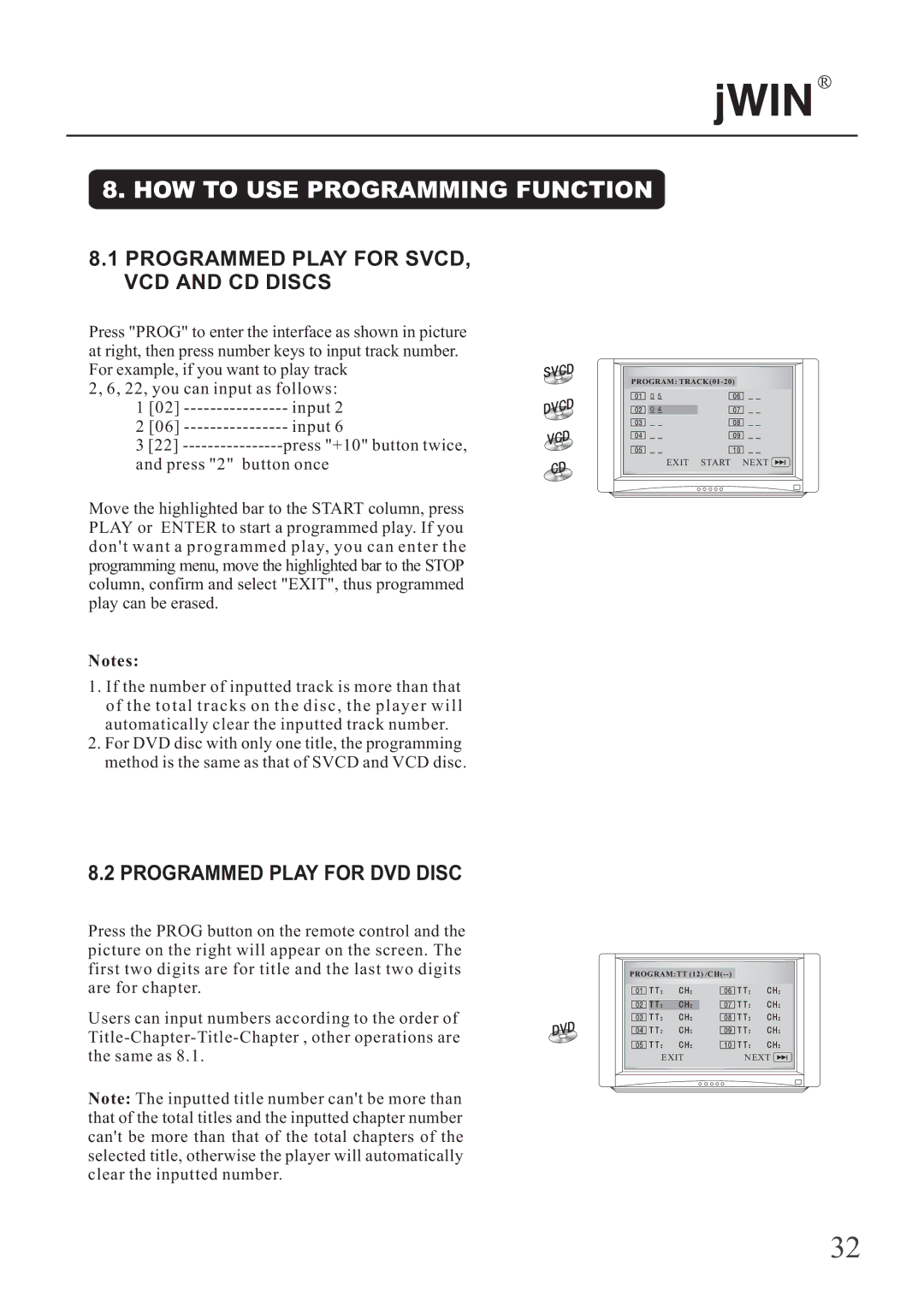 Jwin JD-VD503 HOW to USE Programming Function, Programmed Play for SVCD, VCD and CD Discs, Programmed Play for DVD Disc 