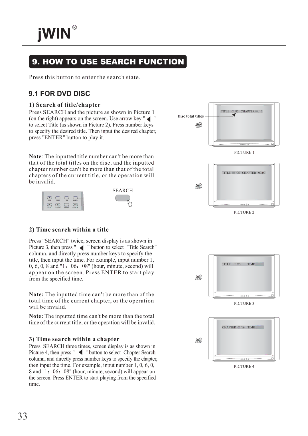 Jwin JD-VD503 manual HOW to USE Search Function, For DVD Disc, Search of title/chapter, Time search within a title 