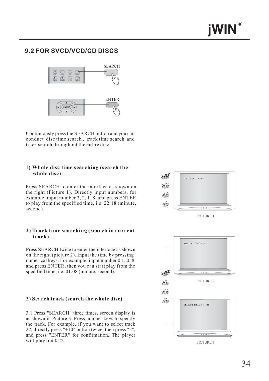 Jwin JD-VD503 For SVCD/VCD/CD Discs, Whole disc time searching search the whole disc, Search track search the whole disc 