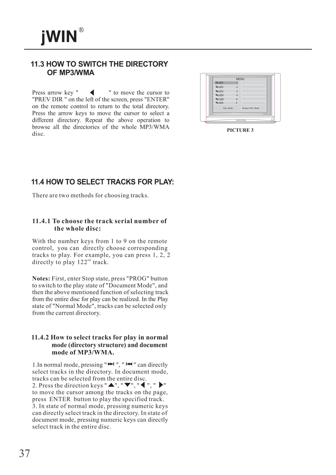 Jwin JD-VD503 manual HOW to Switch the Directory of MP3/WMA, HOW to Select Tracks for Play 