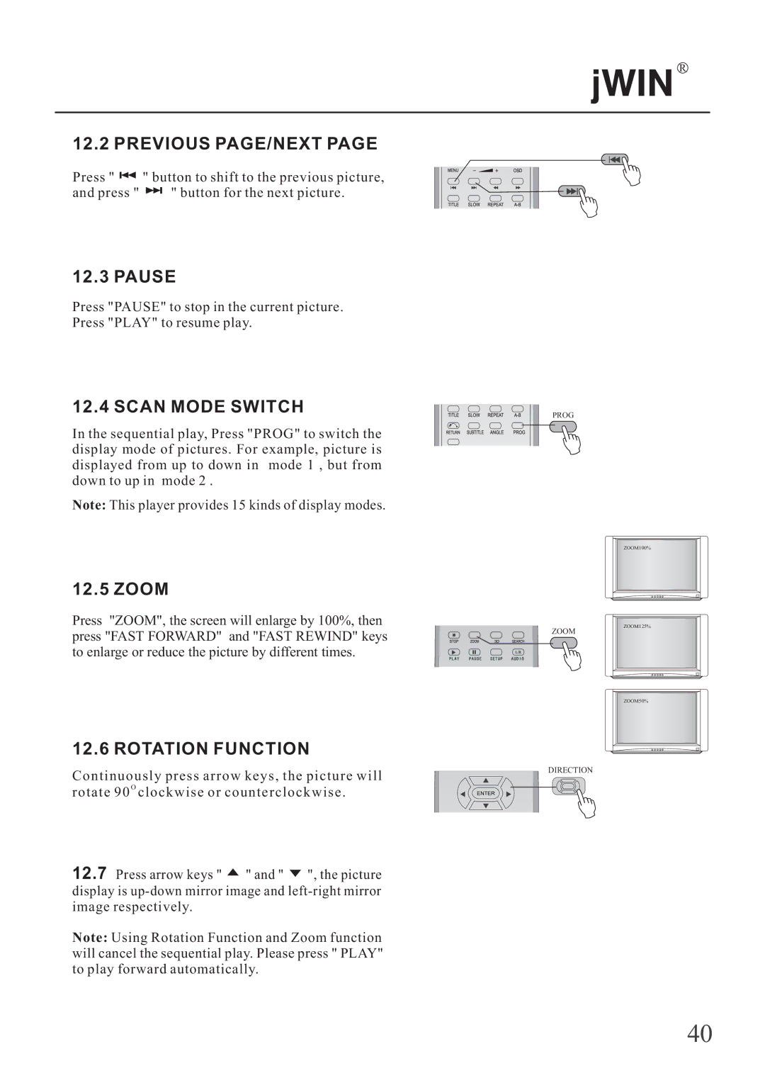 Jwin JD-VD503 manual Previous PAGE/NEXT, Scan Mode Switch, Rotation Function 